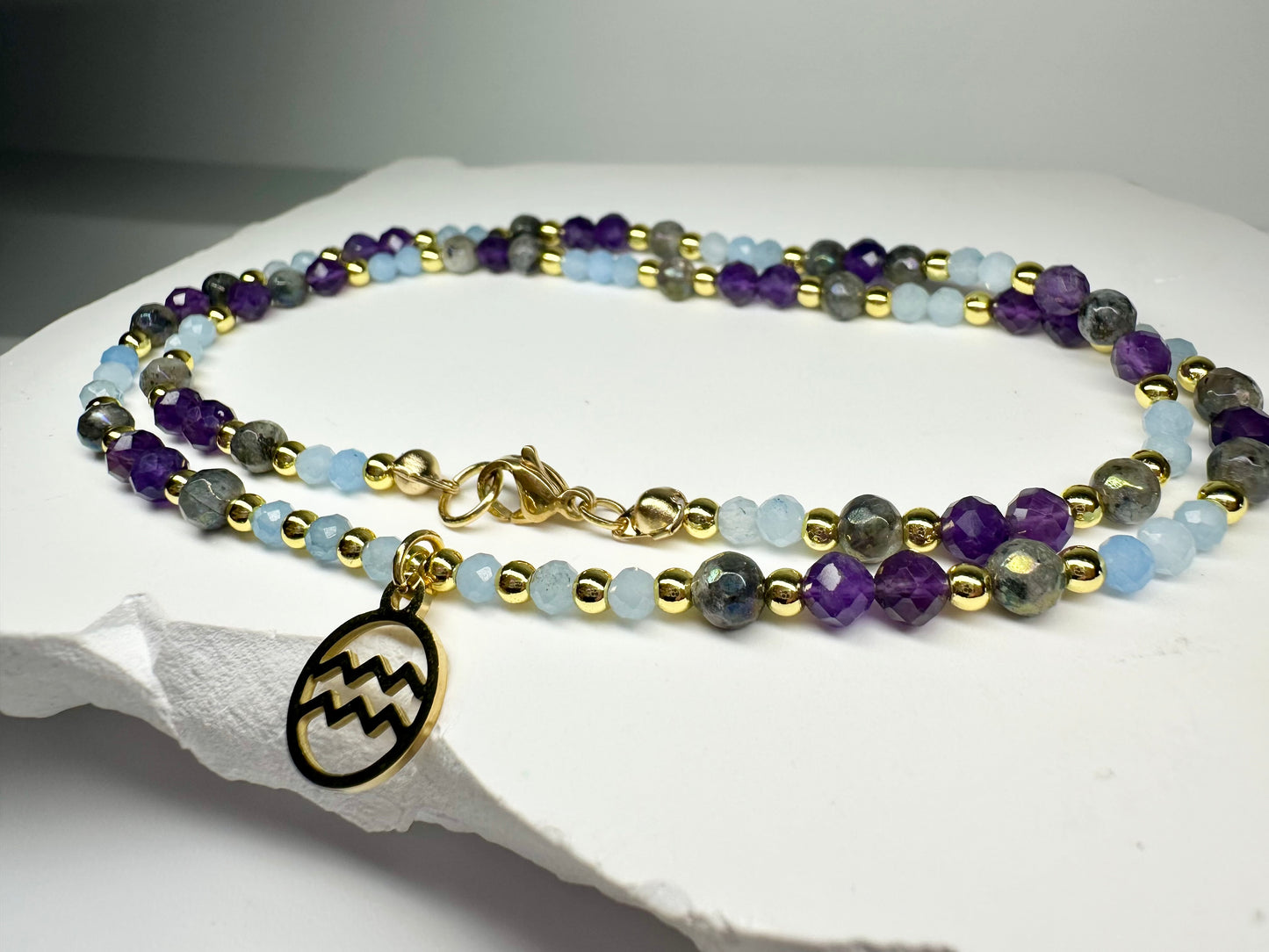 Aquarius Zodiac Necklace – Amethyst, Labradorite & Aquamarine for Intuition & Flow