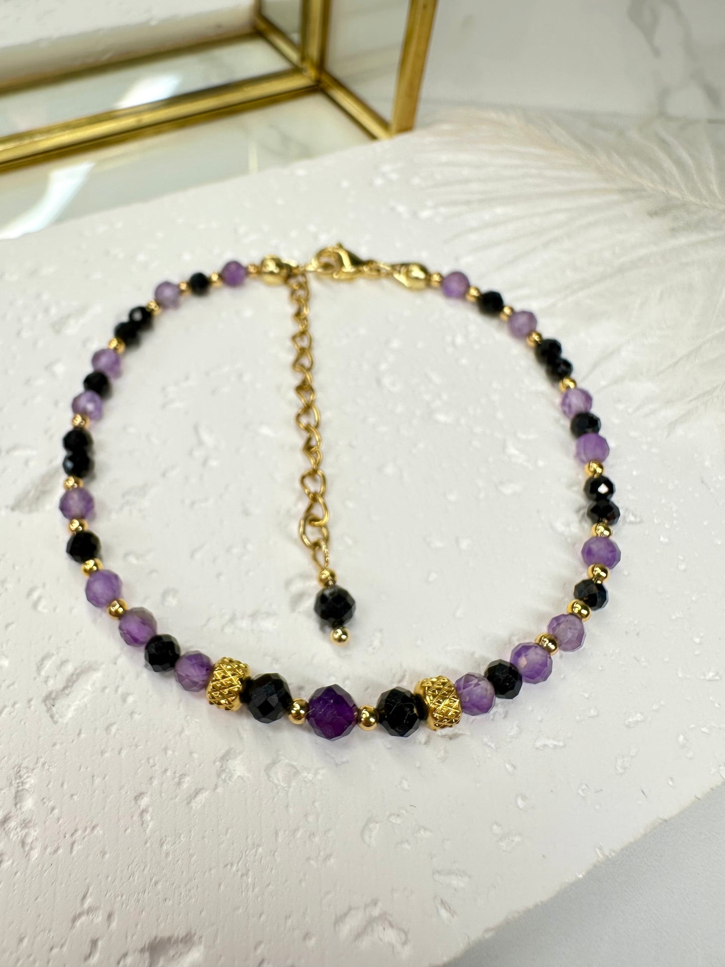Beaded Black Tourmaline & Amethyst Bracelet