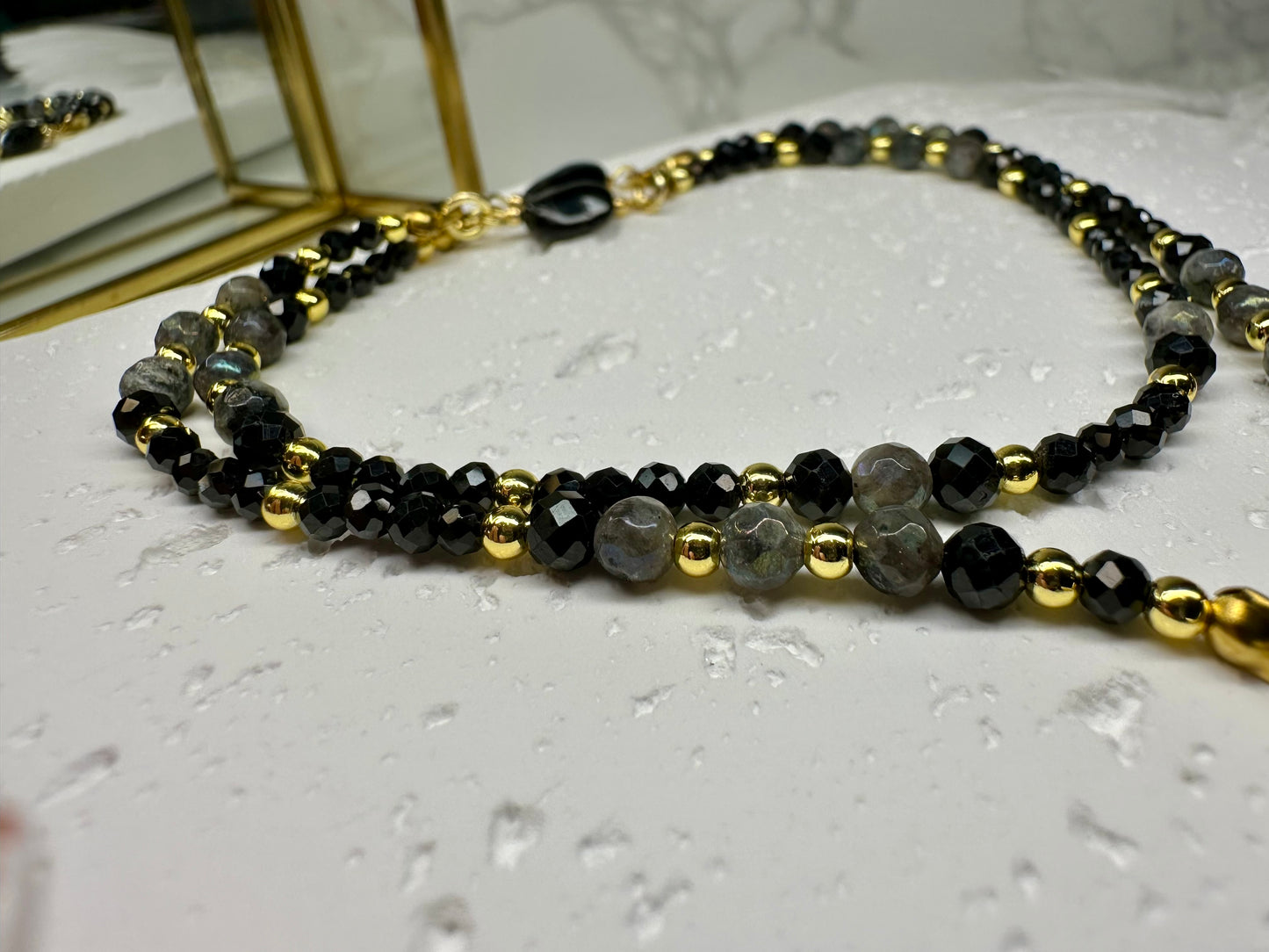 Black Tourmaline Pendant Necklace – Labradorite Beads & Gold Toggle Clasp –
