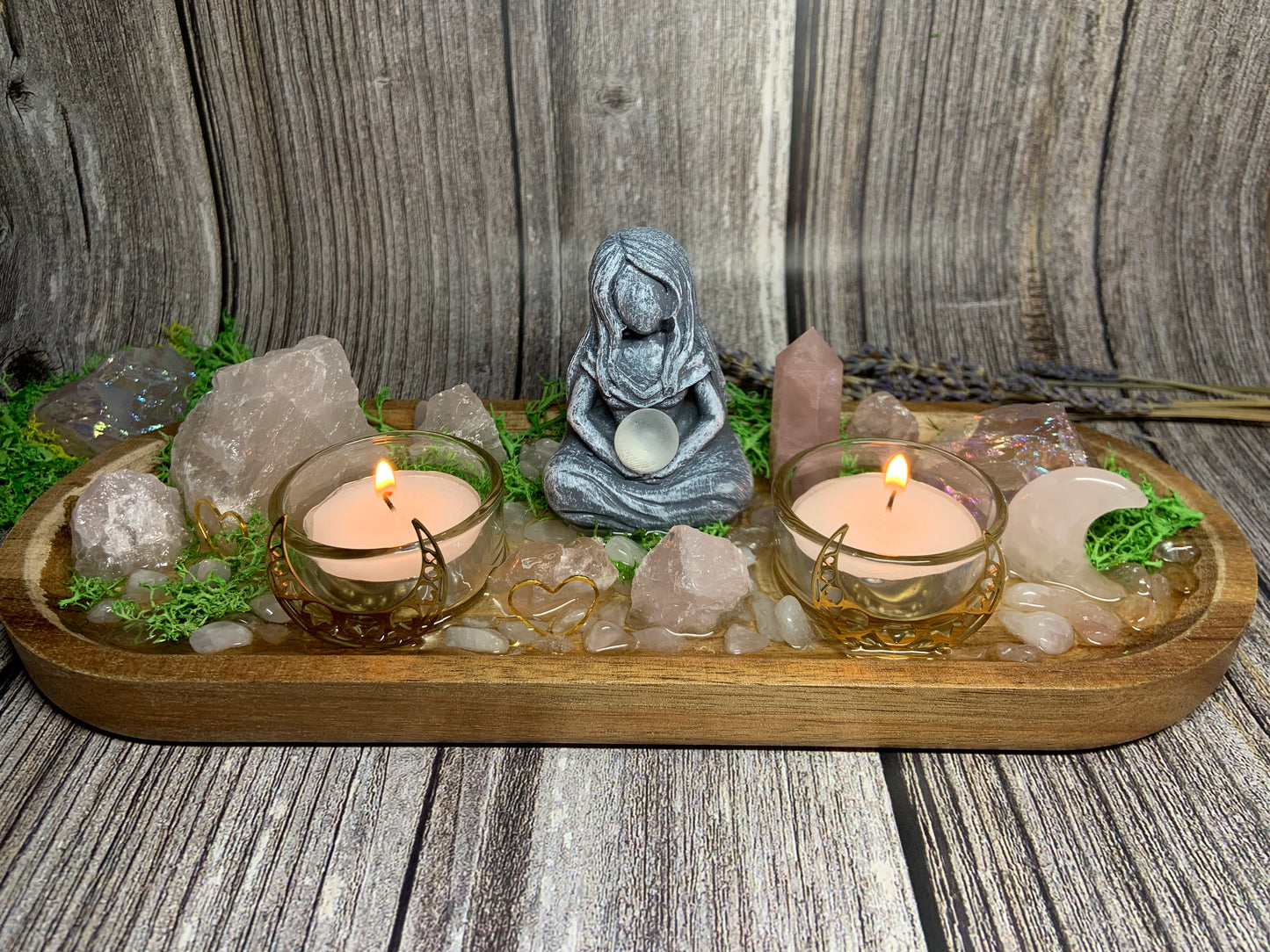 Goddess Love & Self‑Love Crystal Candle Holder | Rose Quartz - Aura Quartz Altar Tray | Divine Feminine Ritual Decor, Spiritual Gift Display