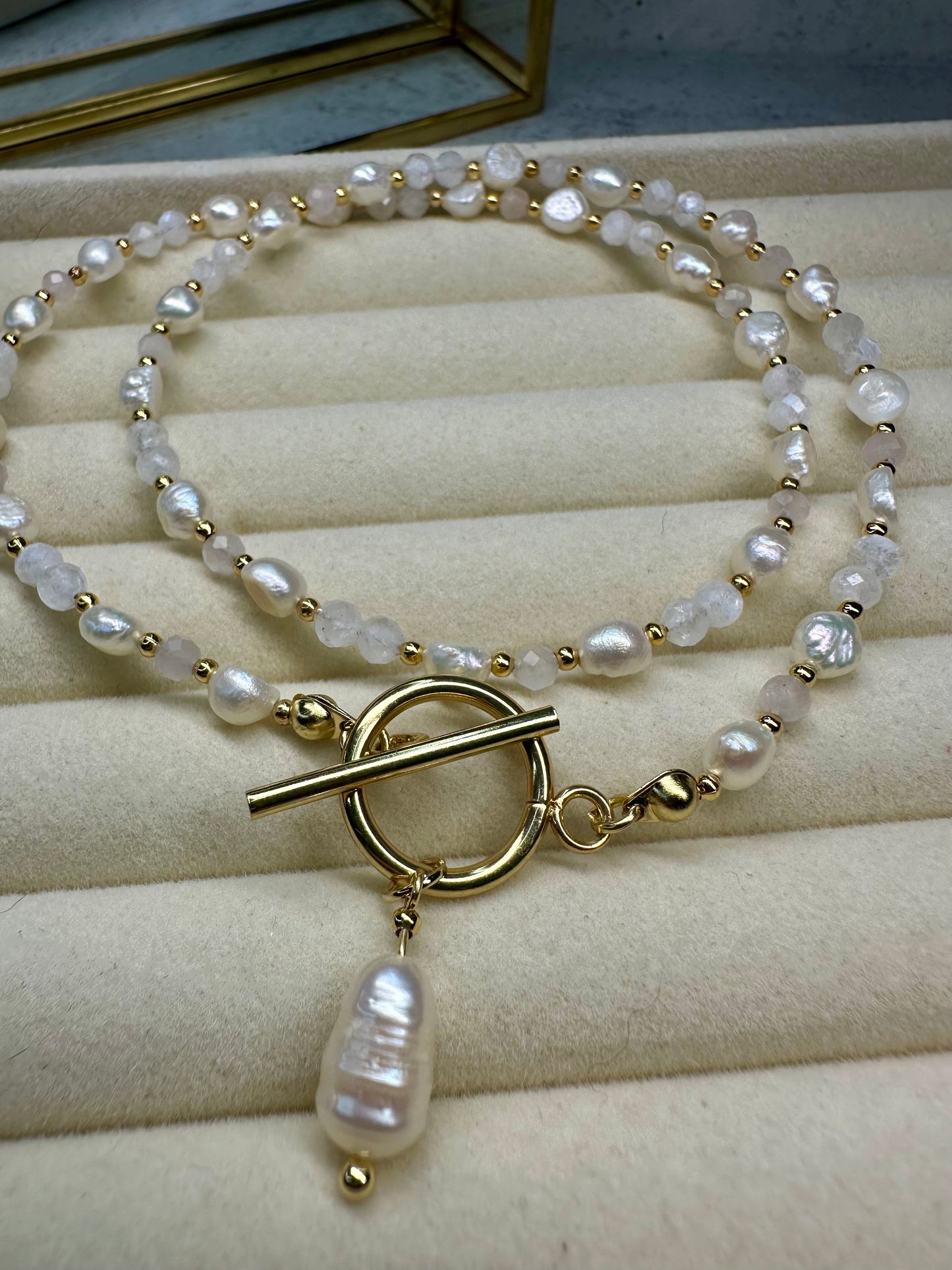 Freshwater Pearl• Moonstone • Rose Quartz Necklace • Baroque Pearl  Toggle Clasp