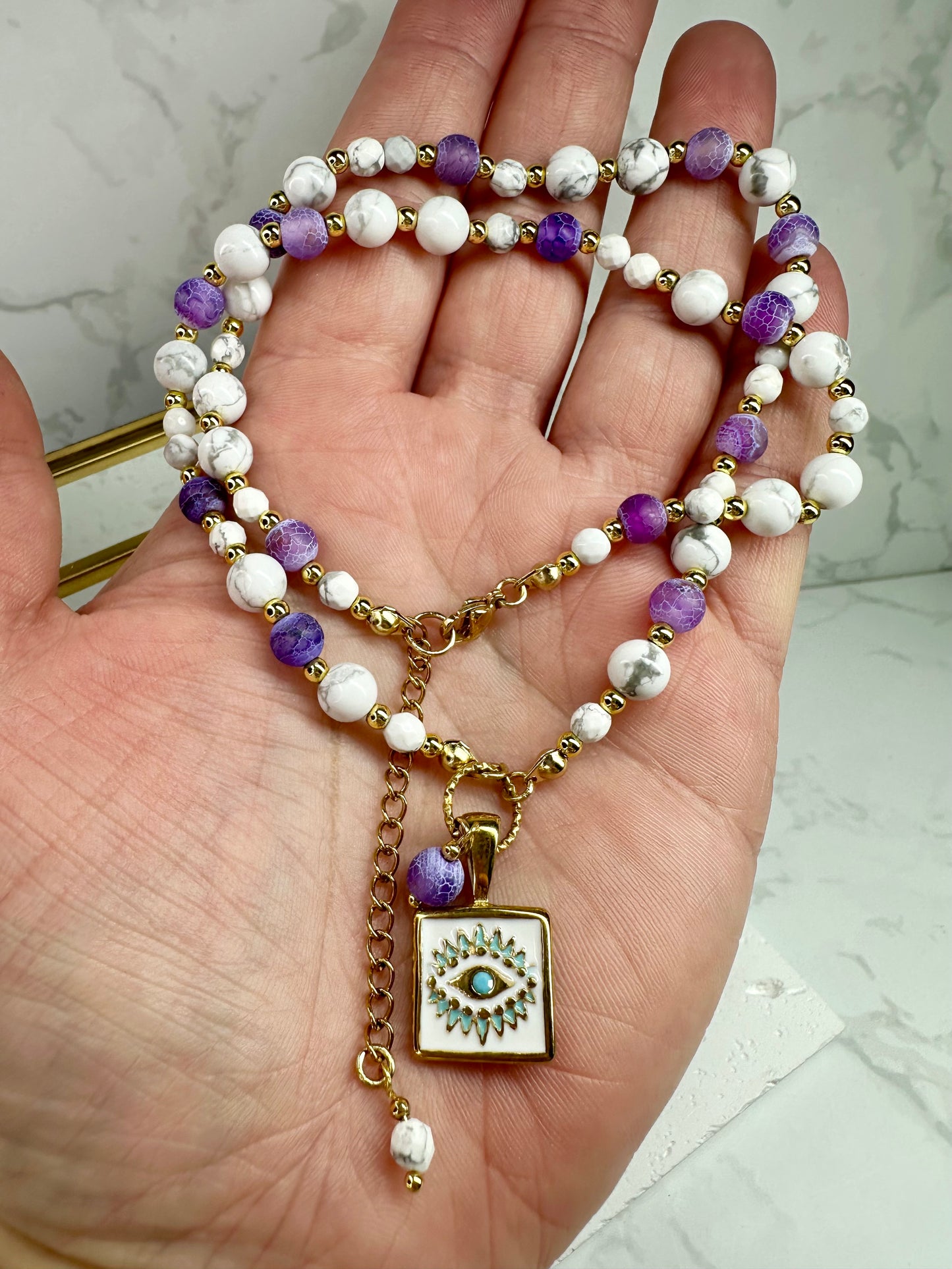 Lilac Cracked Agate - White Howlite Beaded Necklace with Evil Eye Pendant