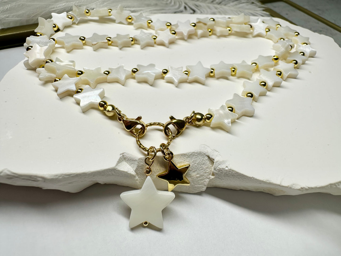 Freshwater Shell Stars Necklace – Celestial White & Gold Charm