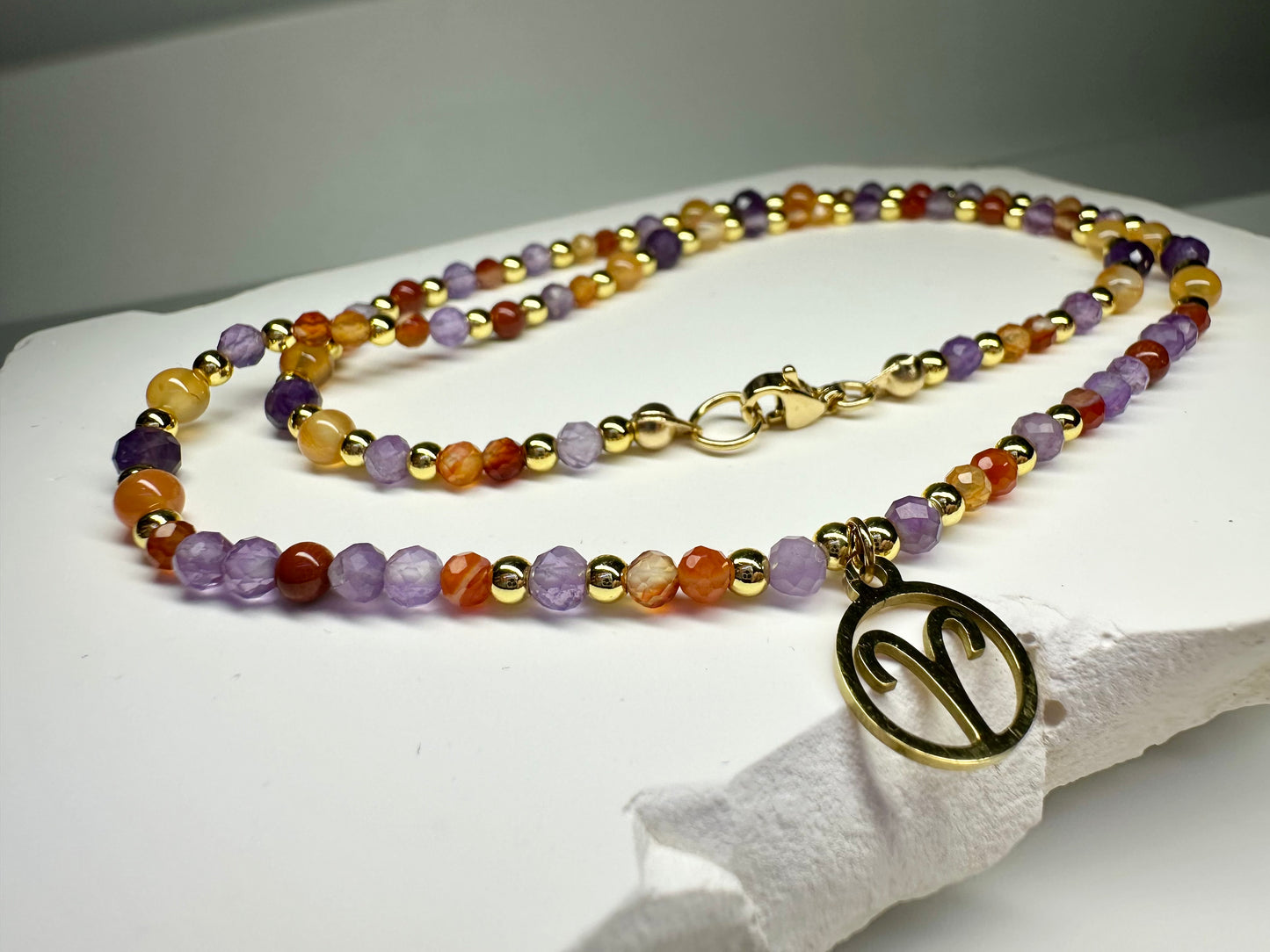 Aries Crystal Jewellery Set – Handmade Carnelian & Amethyst Beaded Necklace + Bracelet for Courage and Calm