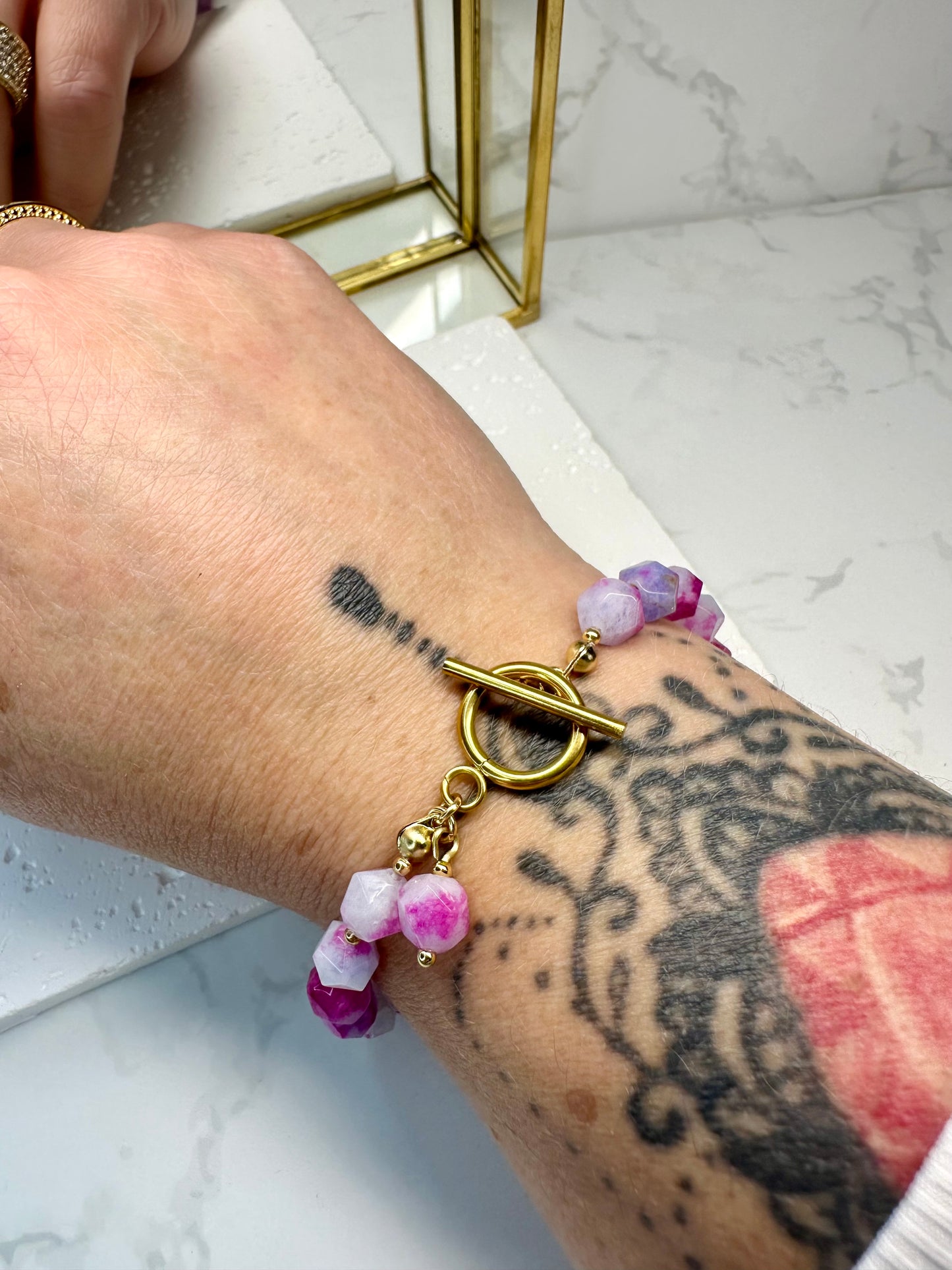 Two‑Tone Purple Pink Jade Bracelet • 8mm•Toggle Clasp