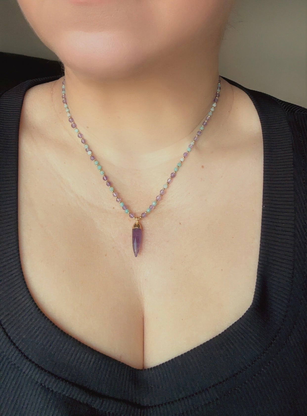 Amazonite & Amethyst Crystal Necklace, grounding and uplifting.