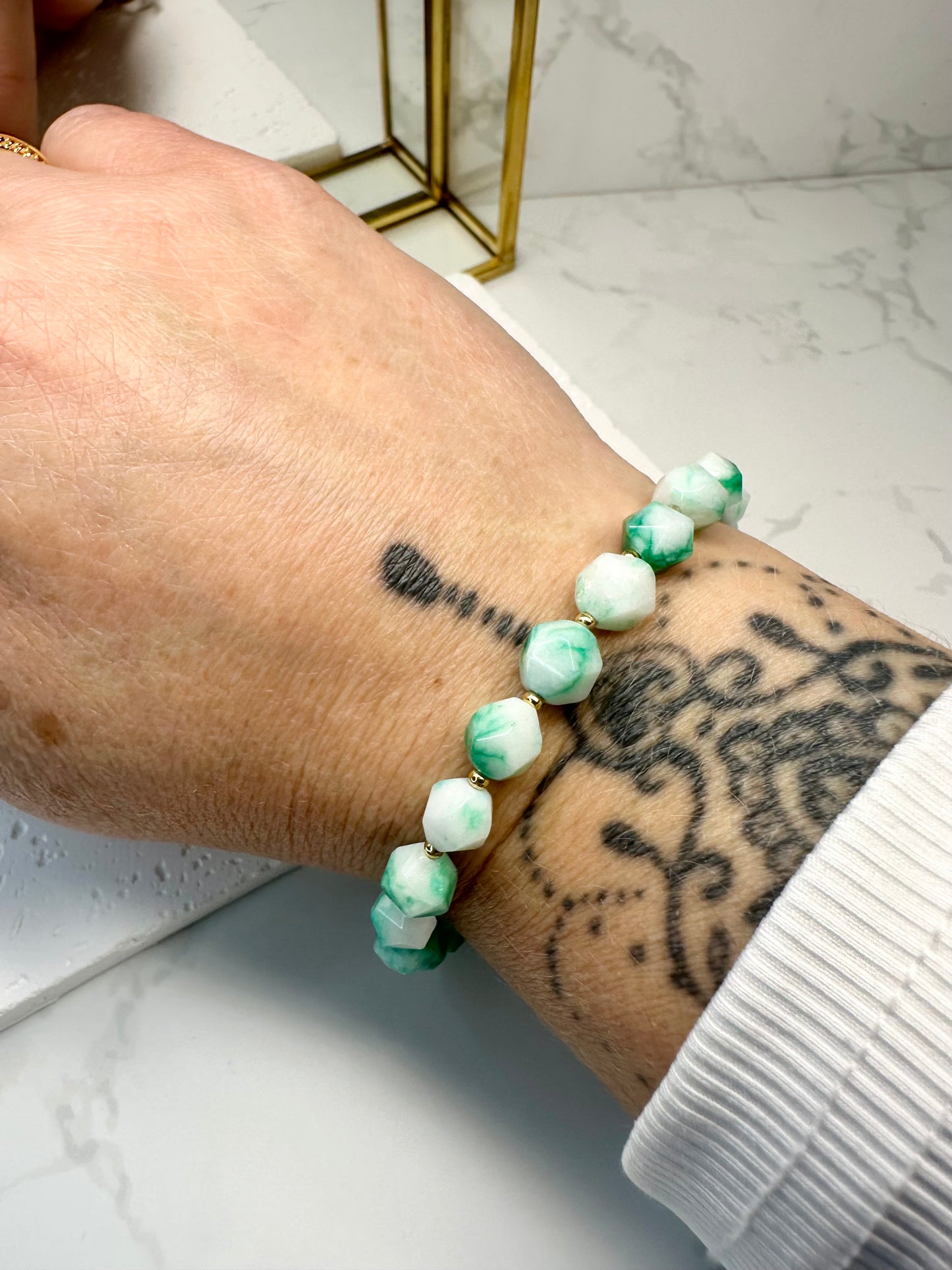 Two‑Tone Green & White Jade Bracelet • 8mm•Toggle Clasp