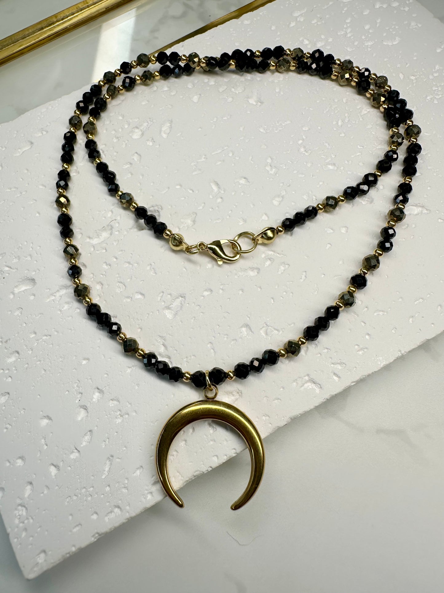 Black Tourmaline & Pyrite Dainty Necklace•Moon Pendant – Protection • Confidence • Grounding