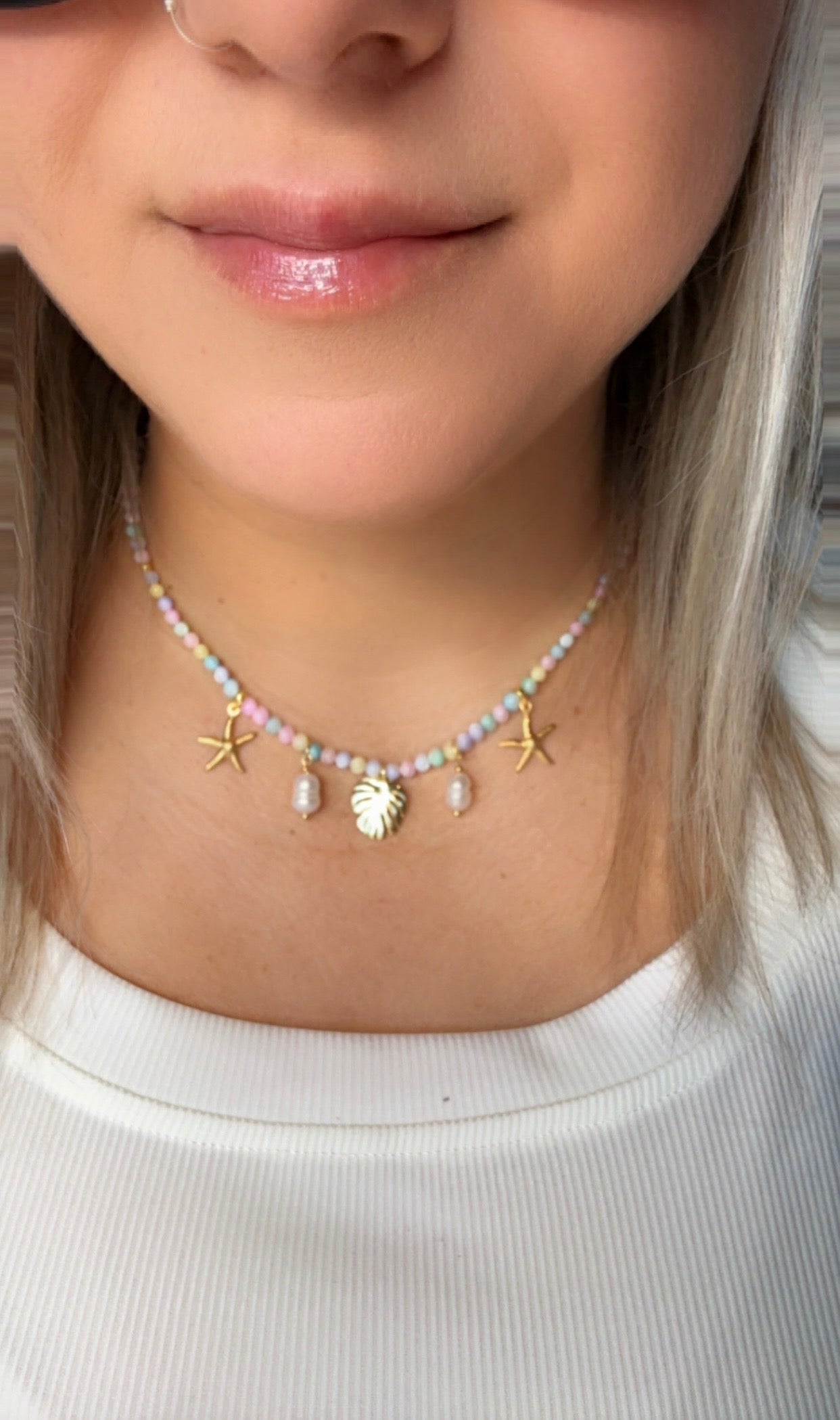 Shell Bead Necklace with Multicolour Pastel Beads, Freshwater Pearl, Starfish & Leaf Charms