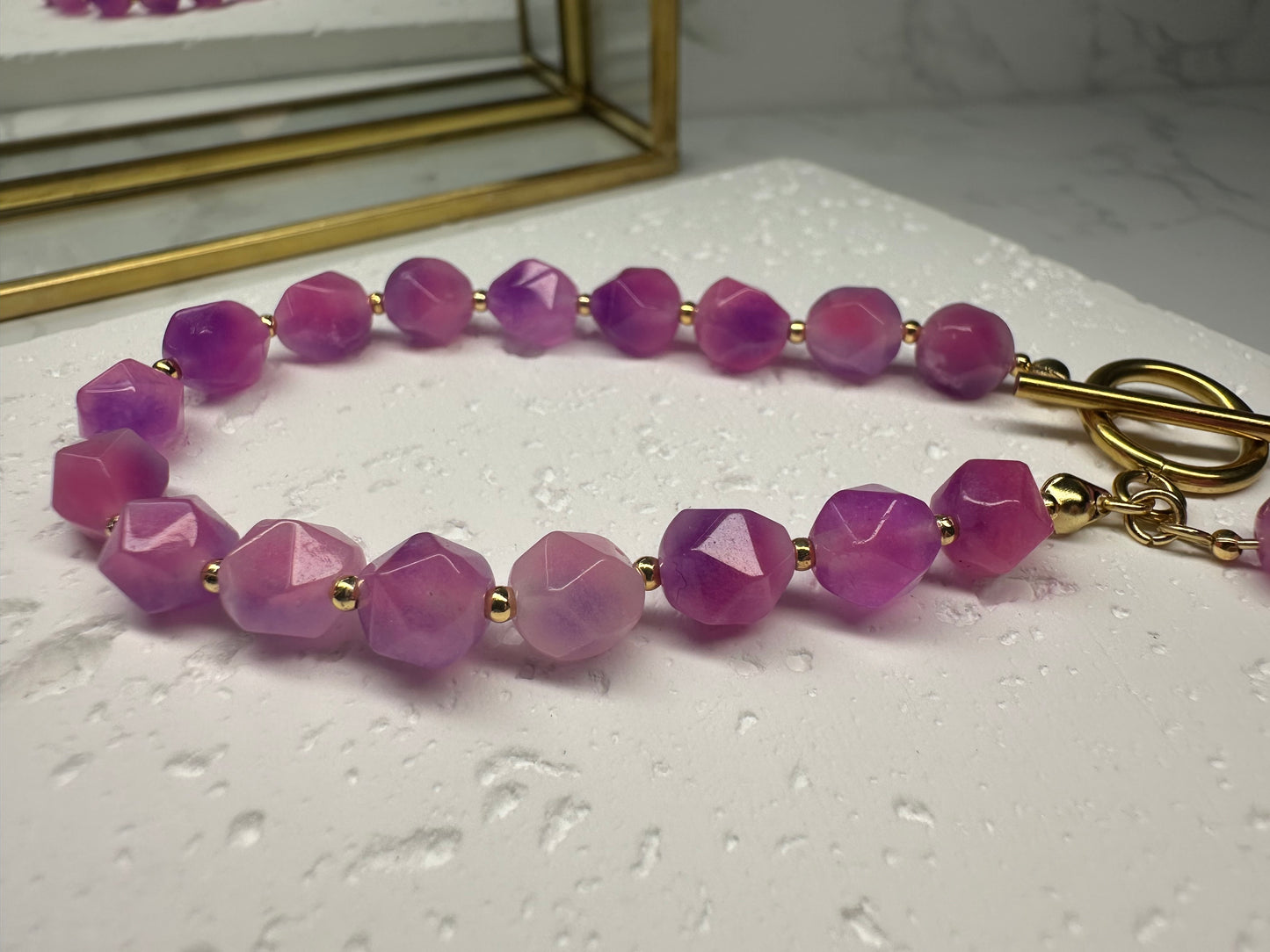 Two‑Tone Pink Jade Bracelet • 8mm•Toggle Clasp