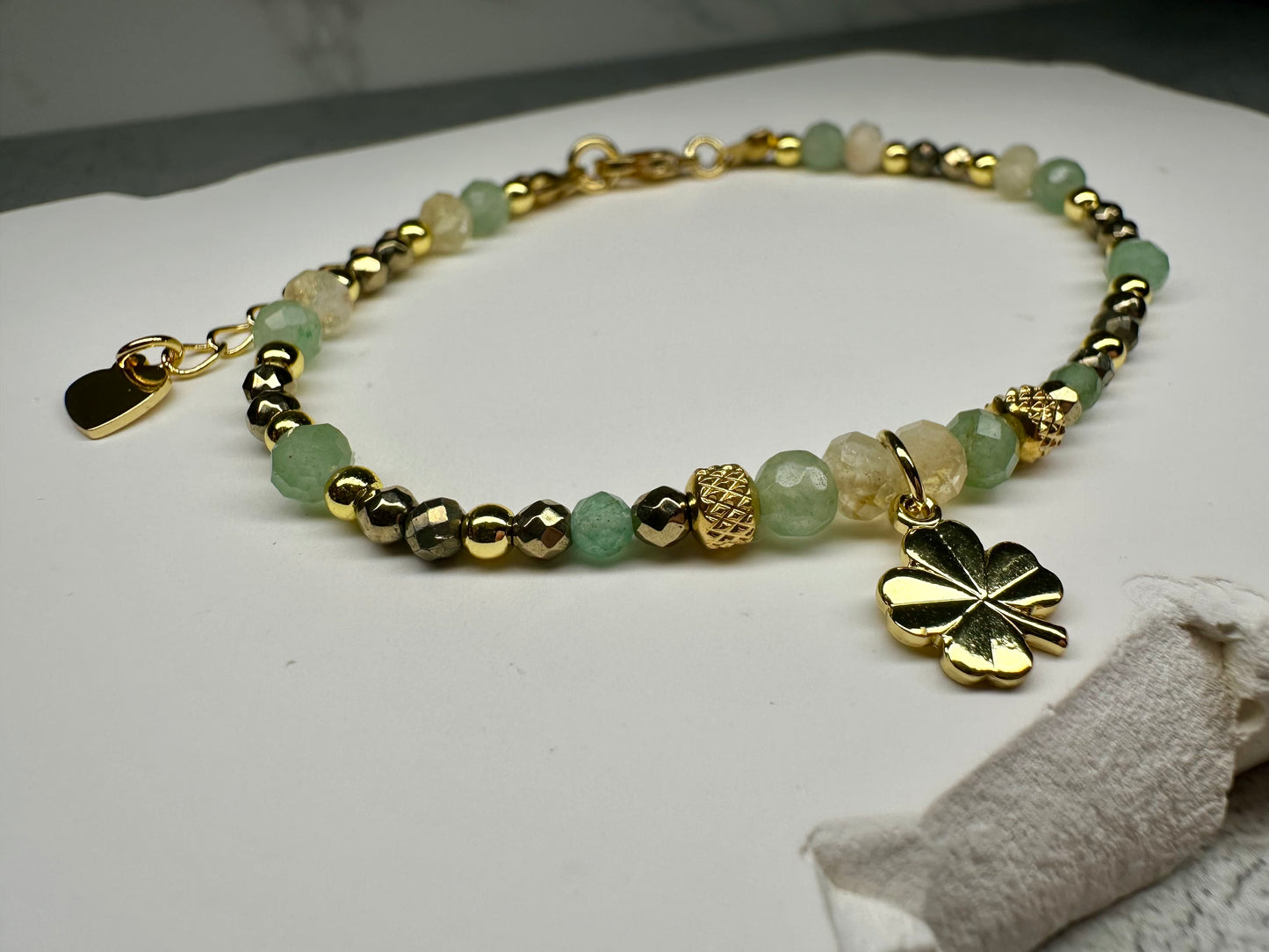 Money Attraction Bracelet – Pyrite, Citrine & Green Aventurine with Clover Pendant for Wealth, Luck & Prosperity
