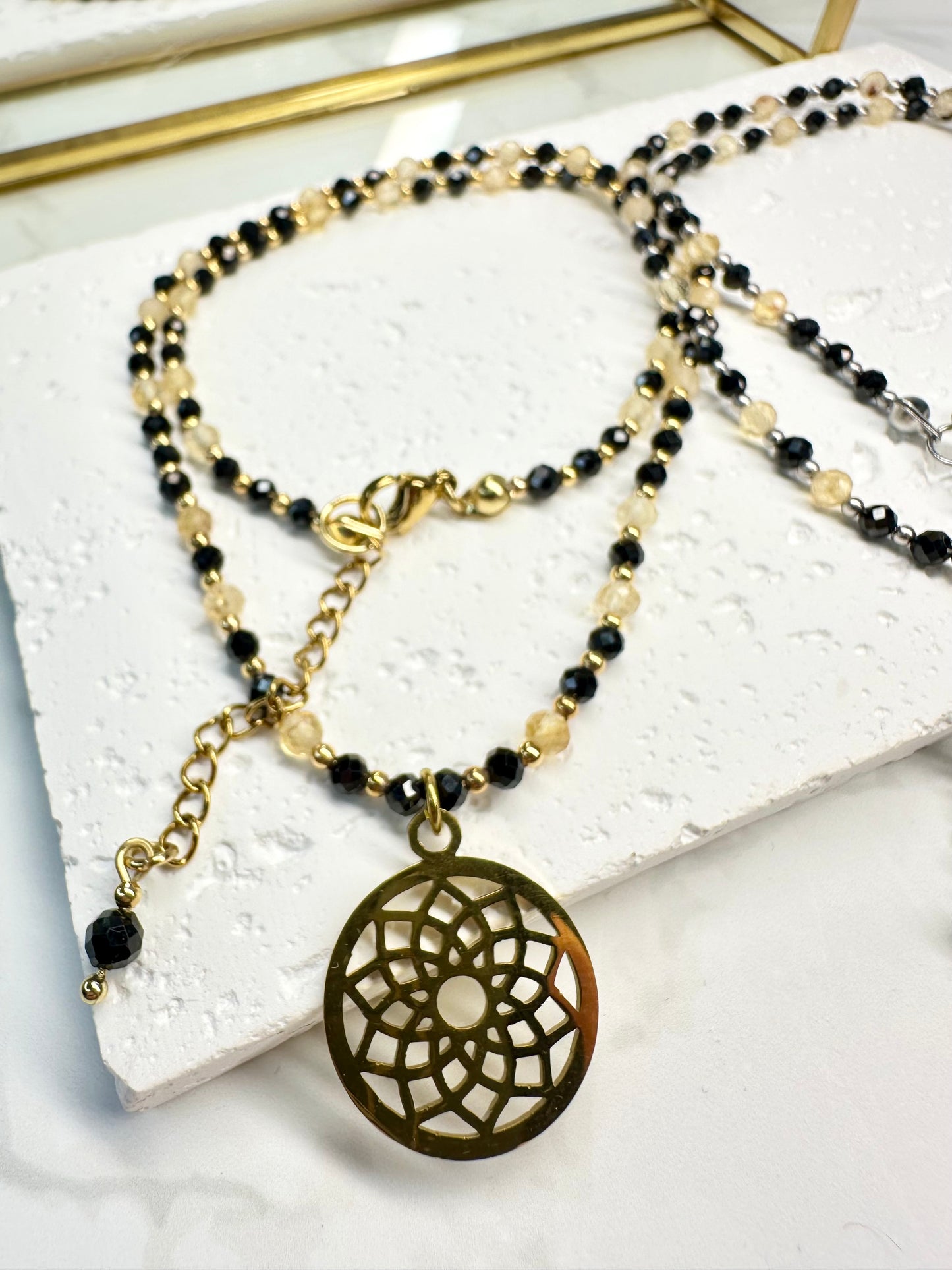 Dainty Black Tourmaline  Citrine Necklace • Mandala Pendant • Protection & Abundance