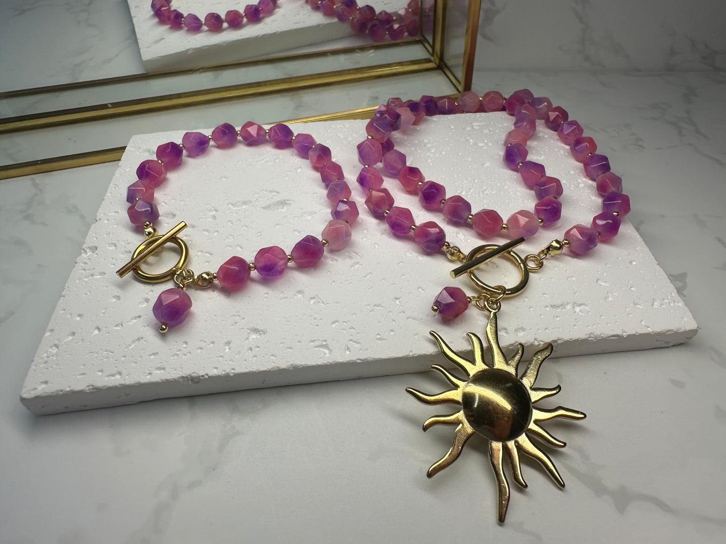 Two‑Tone Pink Jade Bracelet • 8mm•Toggle Clasp
