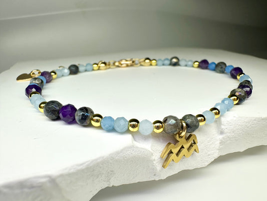 Aquarius Bracelet, Amethyst, Aquamarine, Labradorite, Astrology Birthday Gift