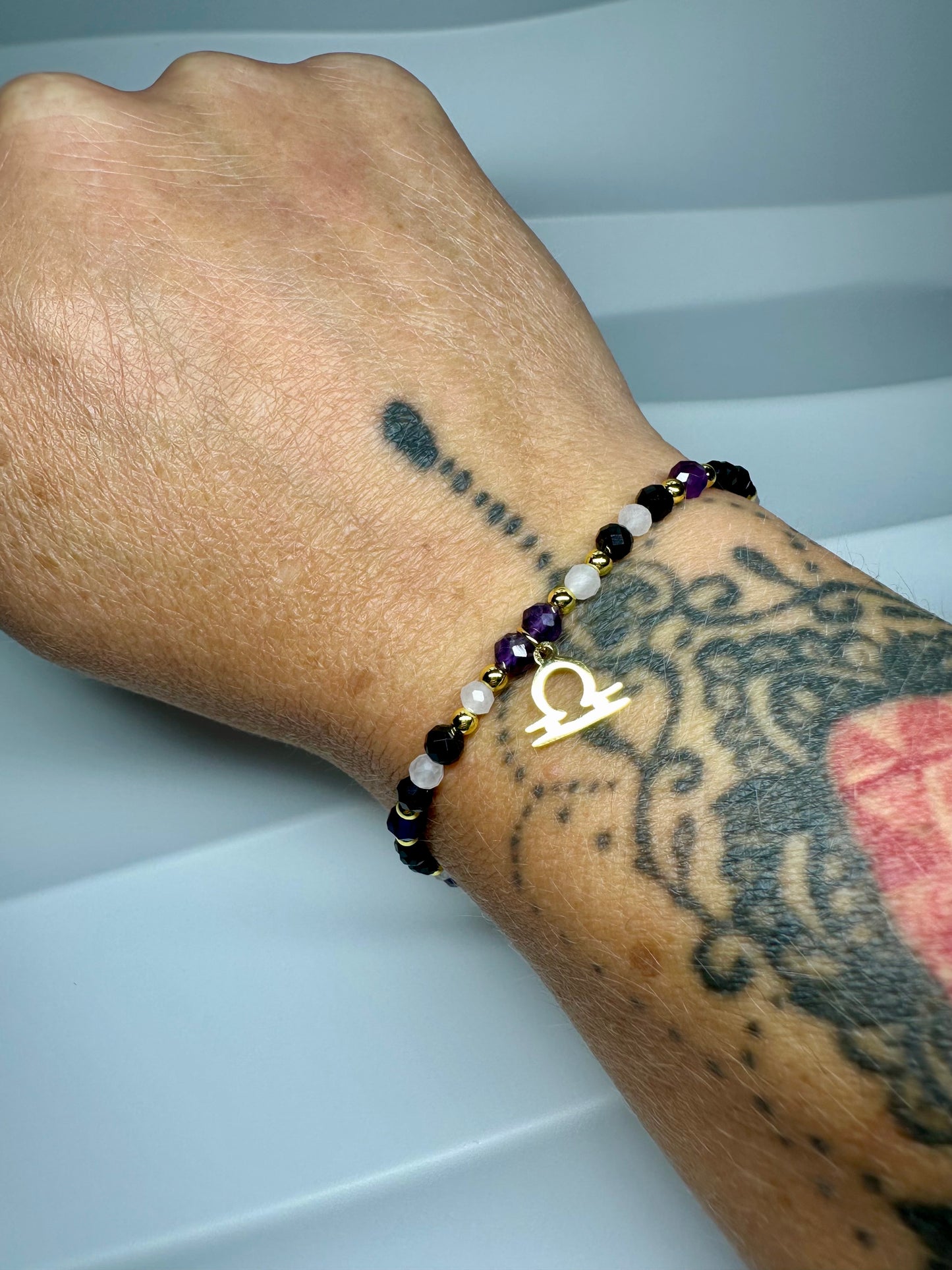 Libra Zodiac Bracelet – Black Tourmaline, Amethyst & Rose Quartz | Handmade Spiritual Jewellery
