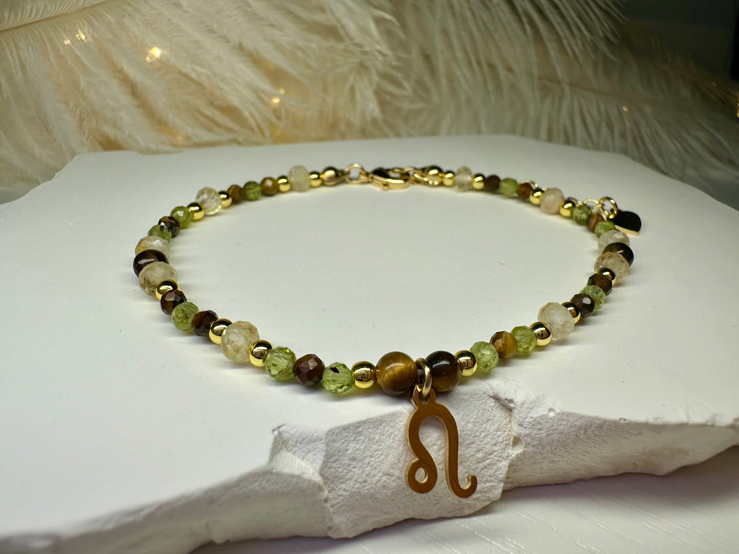 Handmade Leo Zodiac Bracelet – Peridot, Tiger Eye & Citrine Beaded Crystal Jewelry Astrology Birthday Gift