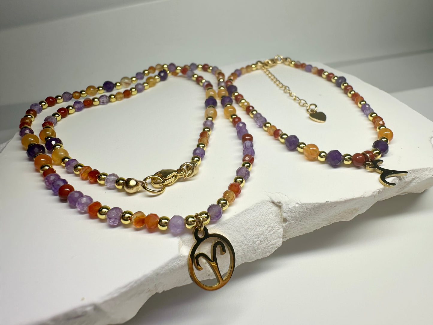 Aries Crystal Jewellery Set – Handmade Carnelian & Amethyst Beaded Necklace + Bracelet for Courage and Calm