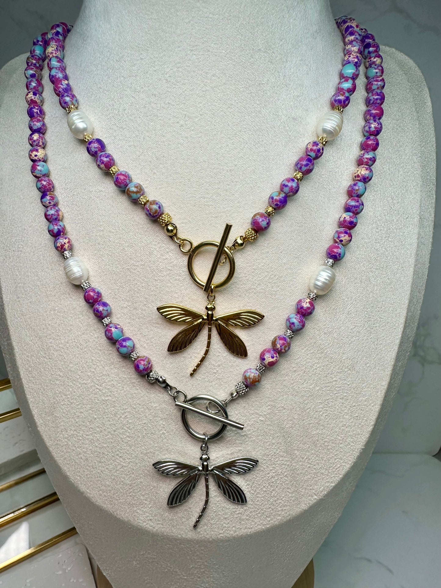 Purple Blue Sea Sediment Imperial Jasper Necklace-Barogue Pearl -Dragonfly Pendant