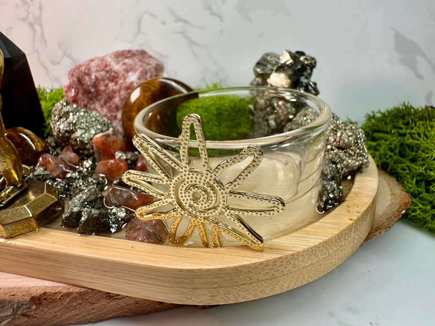 Leo Zodiac Crystal Tray • Tiger Eye, Sunstone & Pyrite • Handmade Leo Altar