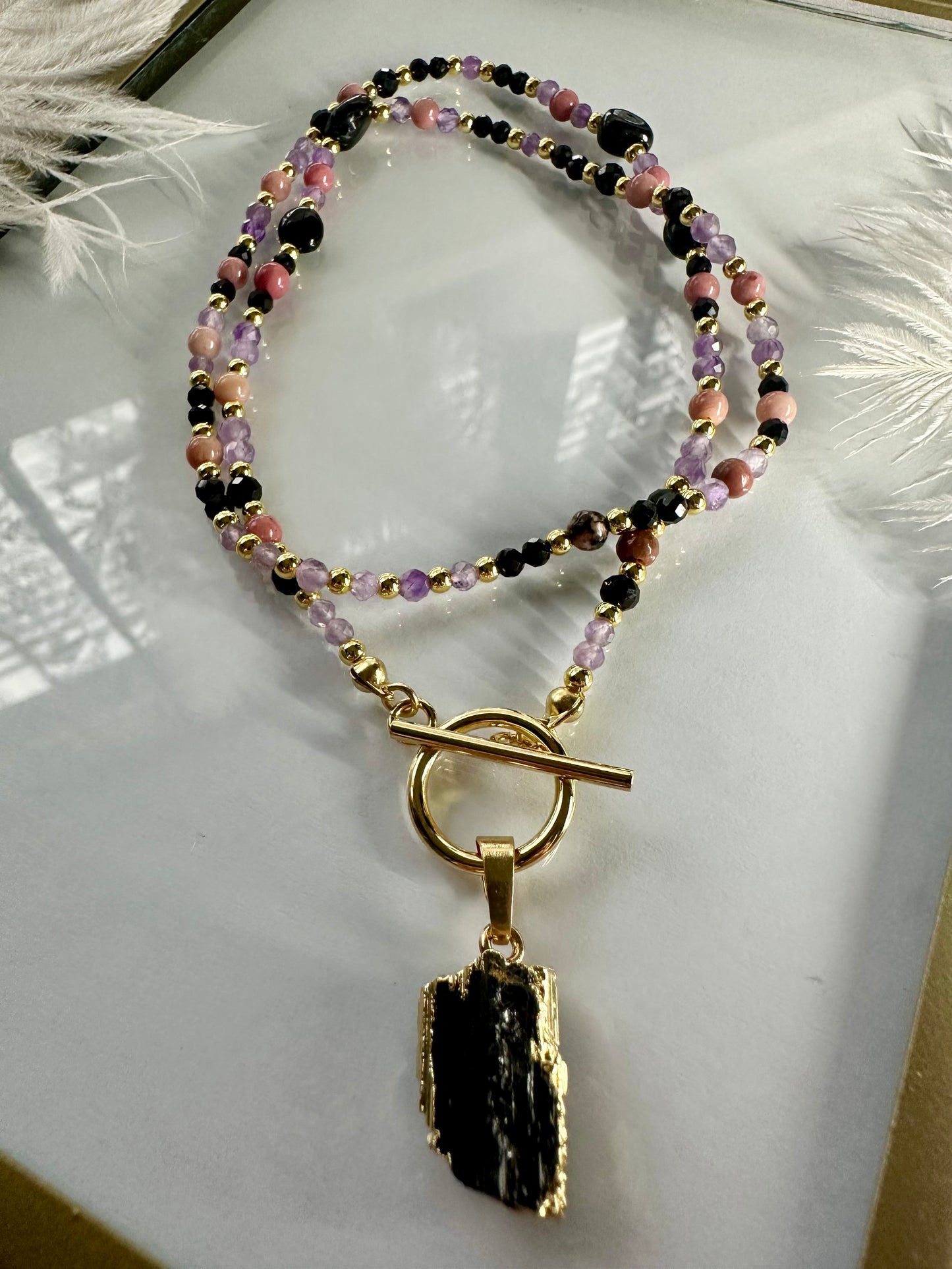 Rhodonite, Black Tourmaline & Amethyst Necklace – Crystal Protection & Intuition Jewelry