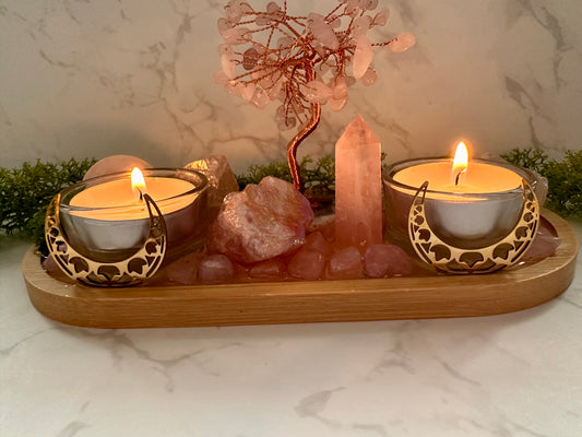 Love & Self‑Love Crystal Candle Holder | Rose Quartz Altar Tray | Divine Feminine Ritual Decor, Spiritual Gift,