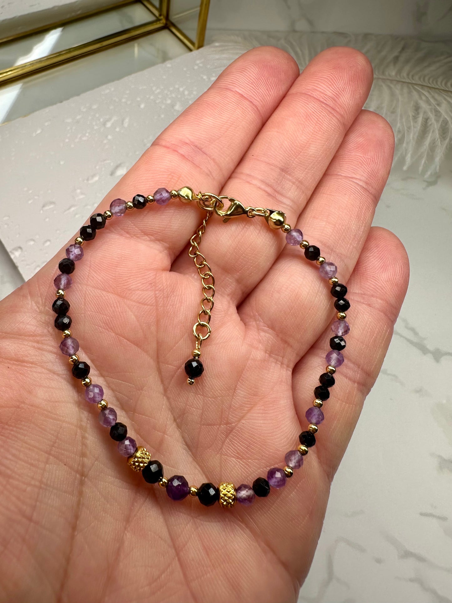 Beaded Black Tourmaline & Amethyst Bracelet