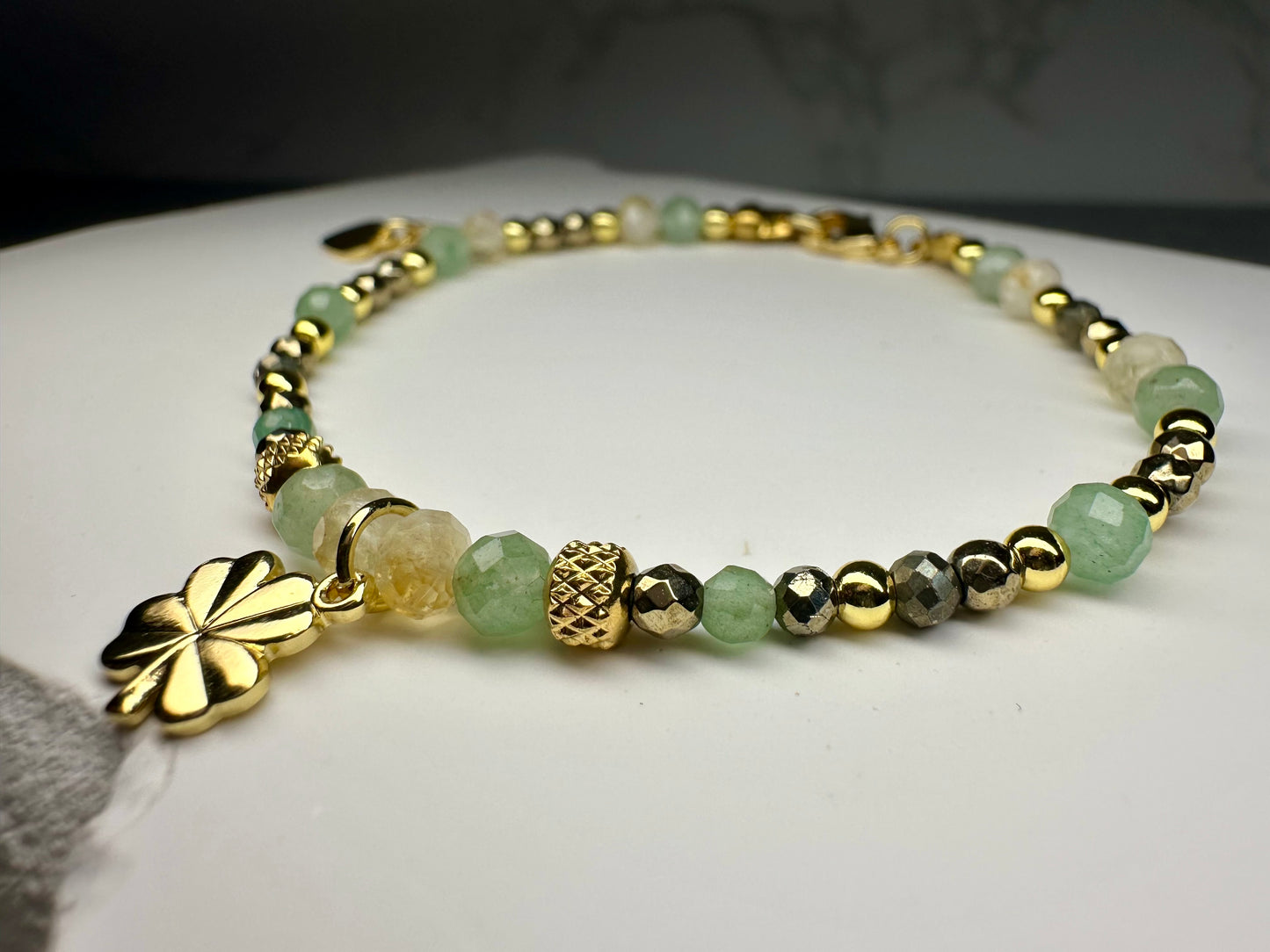 Money Attraction Bracelet – Pyrite, Citrine & Green Aventurine with Clover Pendant for Wealth, Luck & Prosperity