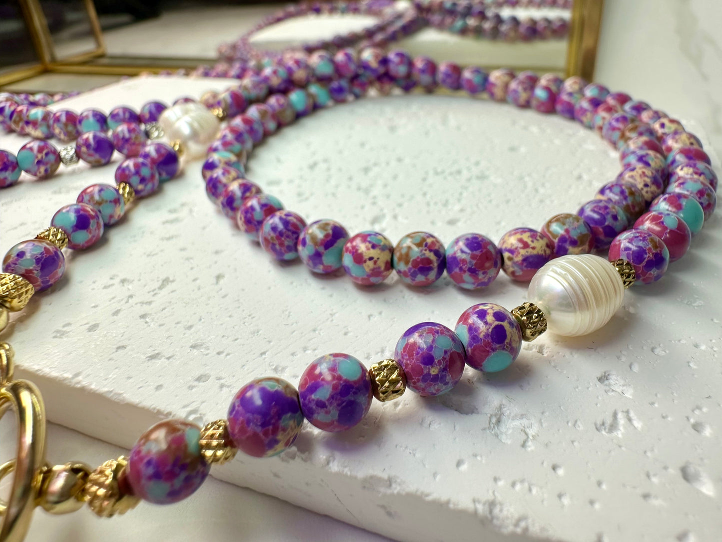 Purple Blue Sea Sediment Imperial Jasper Necklace-Barogue Pearl -Dragonfly Pendant
