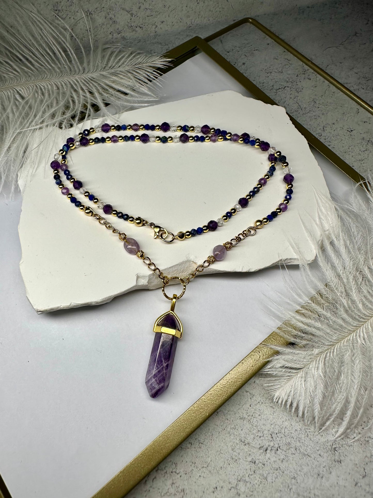 Amethyst, Clear Quartz & Lapis Lazuli Beaded Necklace – Spiritual Healing Crystal Jewelry