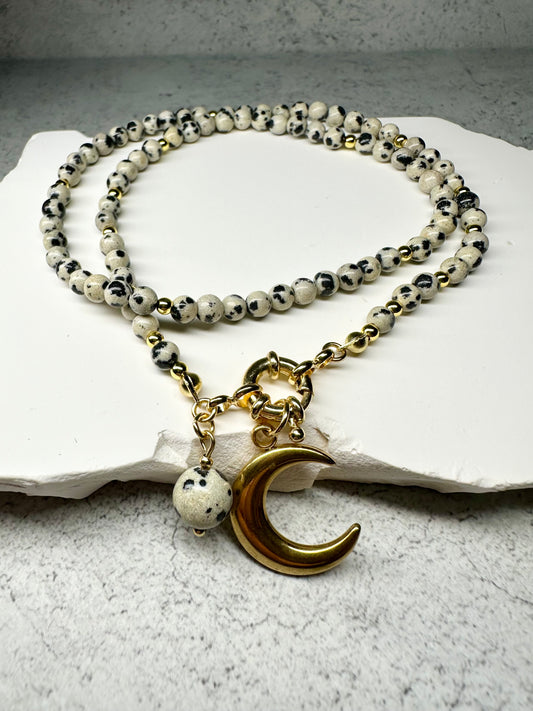 Dalmatian Jasper Beaded Necklace with Gold Crescent Moon Pendant