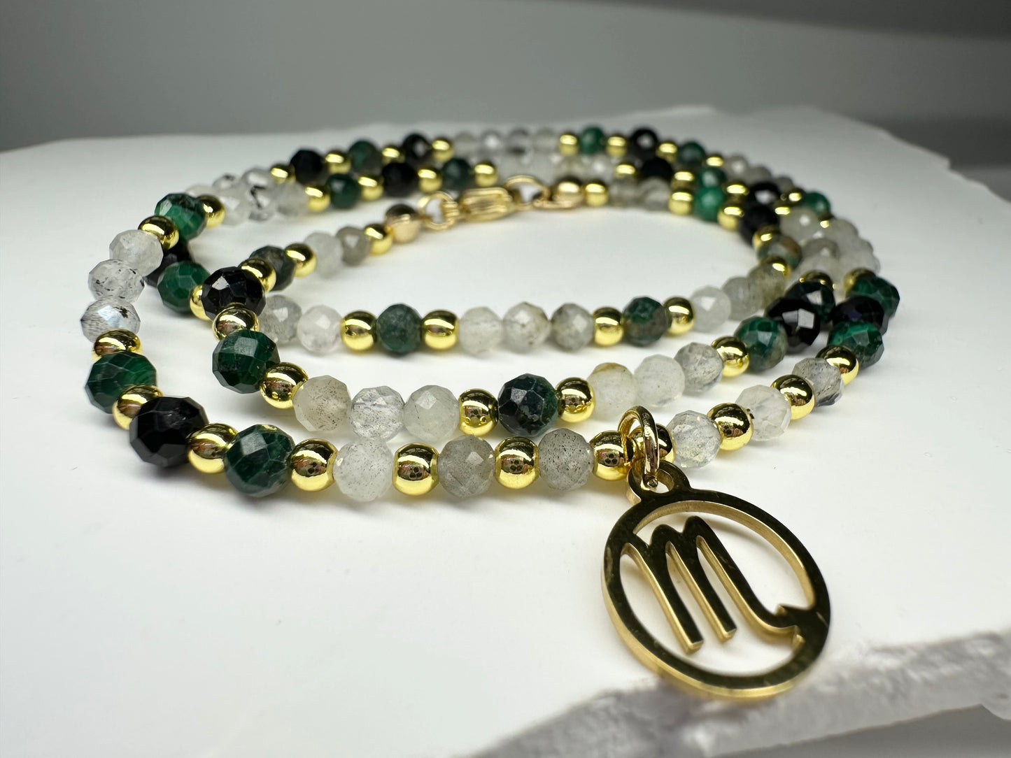 Scorpio Zodiac Beaded Necklace – Black Tourmaline, Malachite & Labradorite for Protection & Transformation