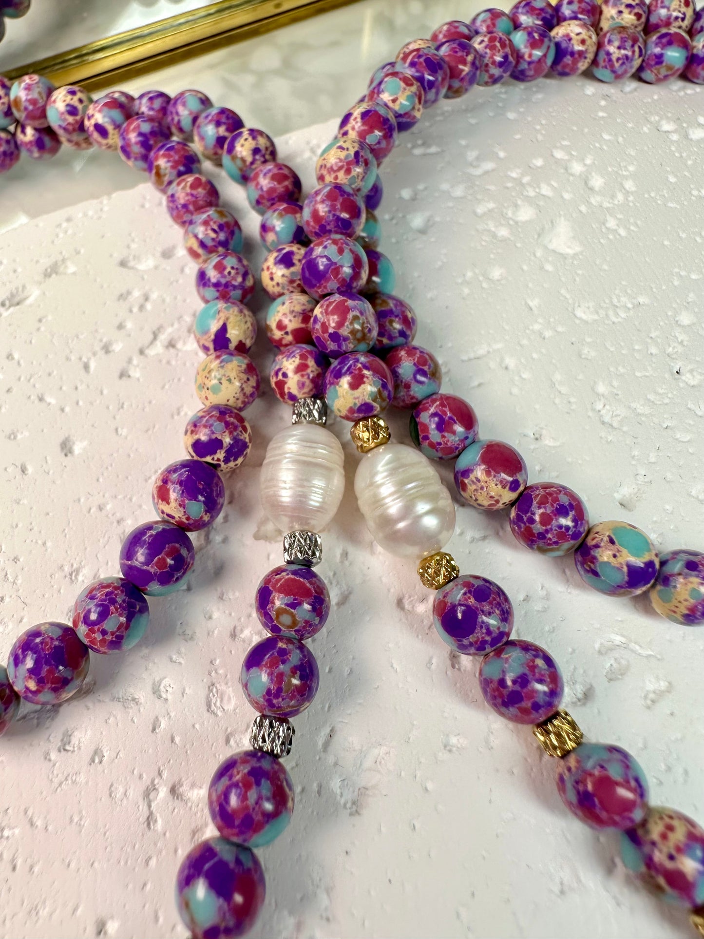 Purple Blue Sea Sediment Imperial Jasper Necklace-Barogue Pearl -Dragonfly Pendant