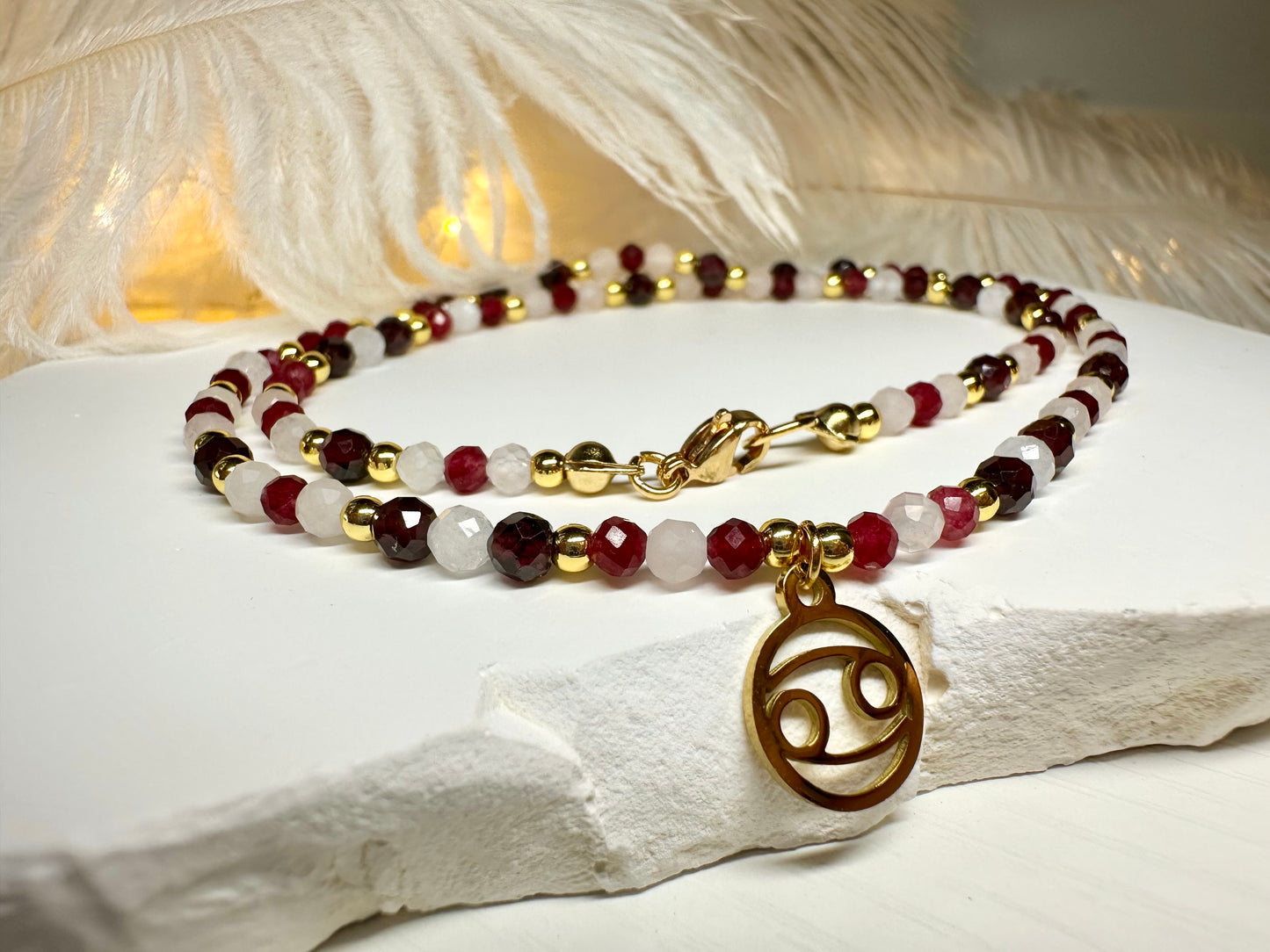 Handmade Cancer Zodiac Necklace – Ruby, Rose Quartz & Moonstone, Astrology Birthday Gift