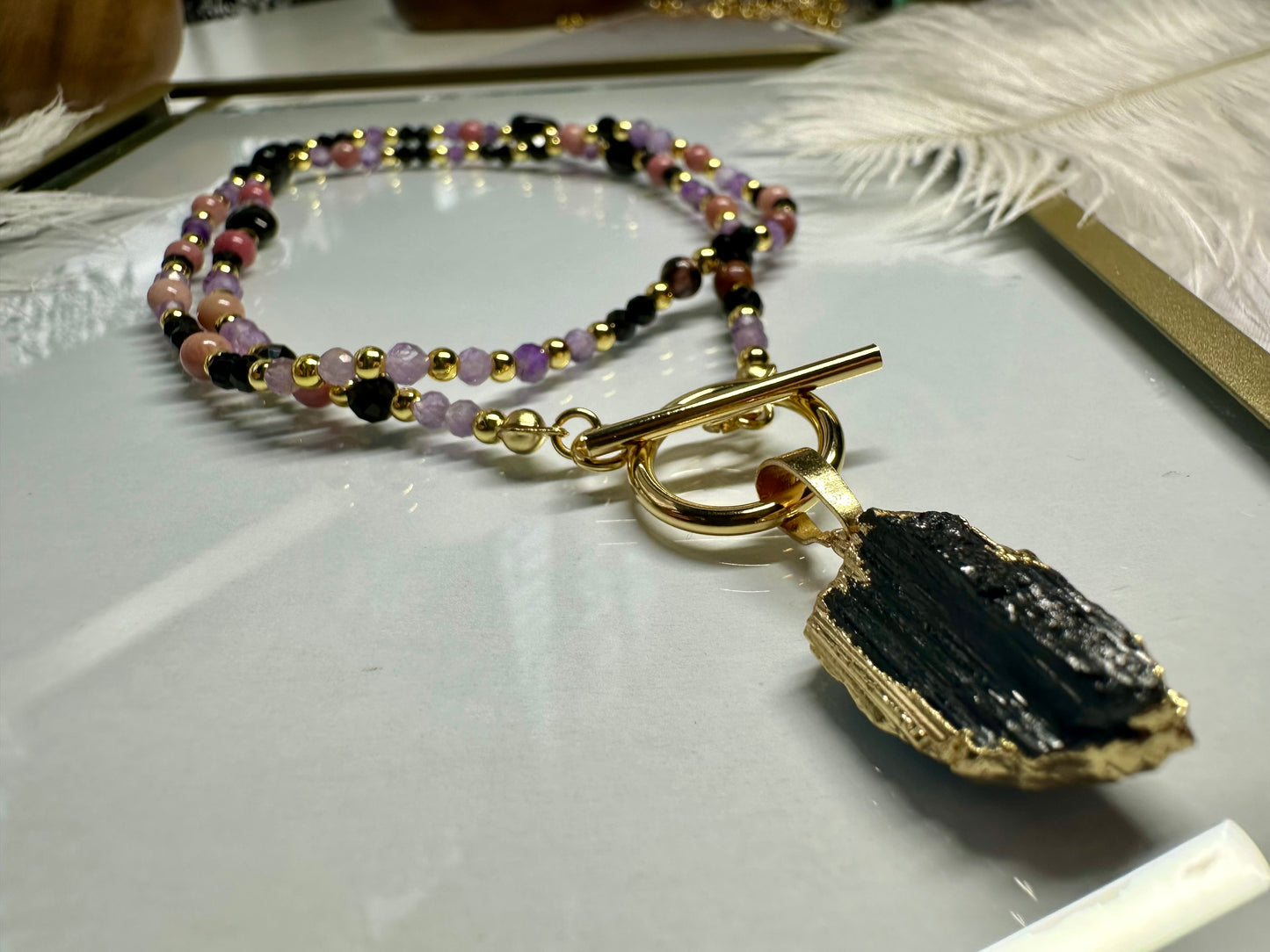 Rhodonite, Black Tourmaline & Amethyst Necklace – Crystal Protection & Intuition Jewelry