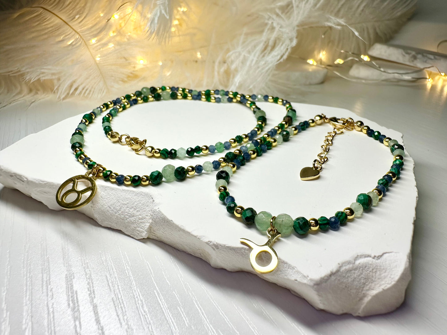 Taurus Zodiac Jewelry Set – Handmade Malachite, Green Aventurine & Sapphire Necklace & Bracelet