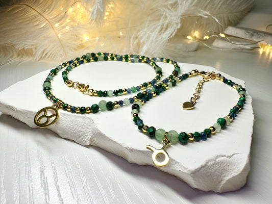 Taurus Zodiac Jewelry Set – Handmade Malachite, Green Aventurine & Sapphire Necklace & Bracelet