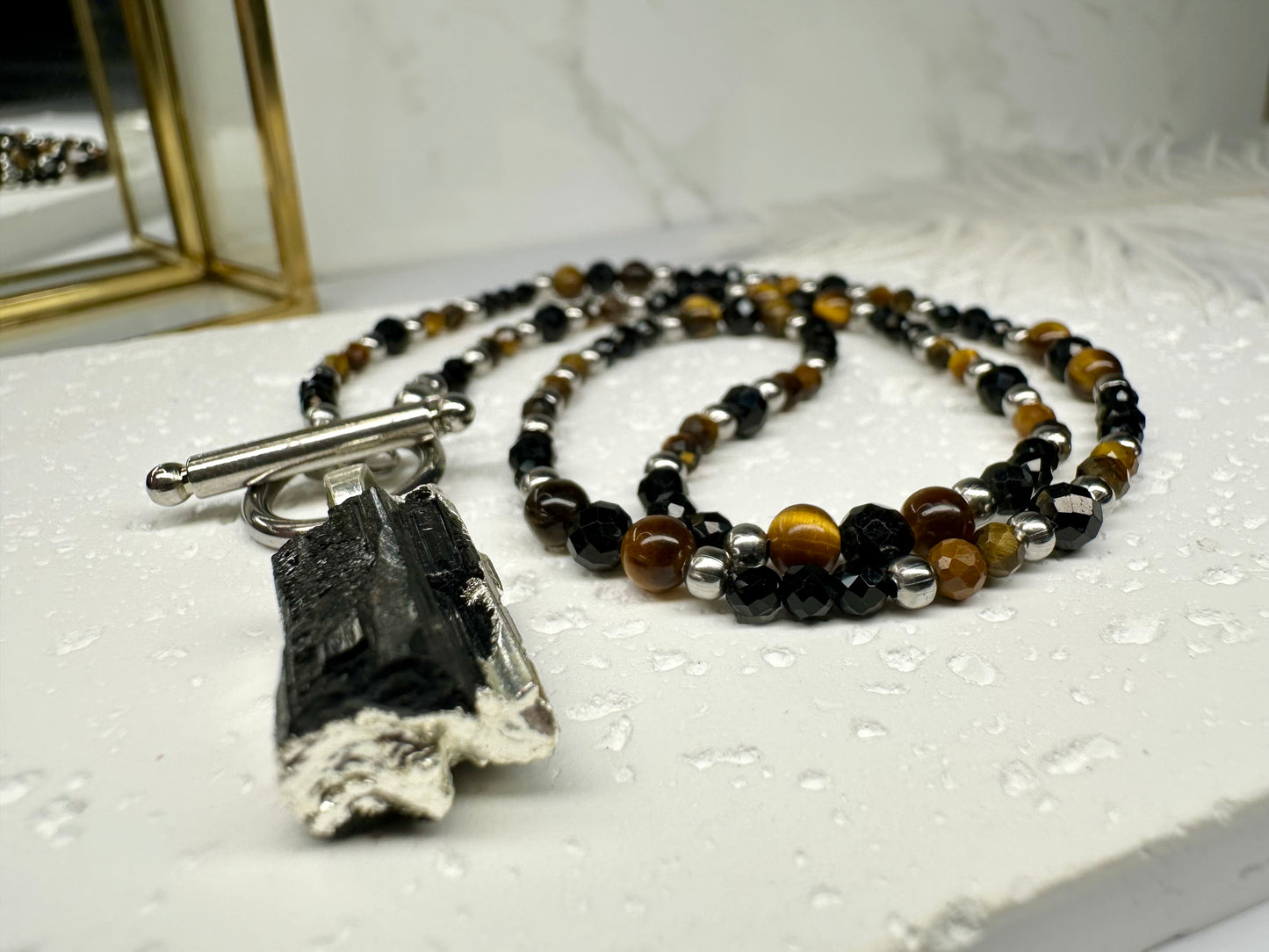 Black Tourmaline & Tiger’s Eye Necklace – Raw Crystal Pendant, Grounding & Protection