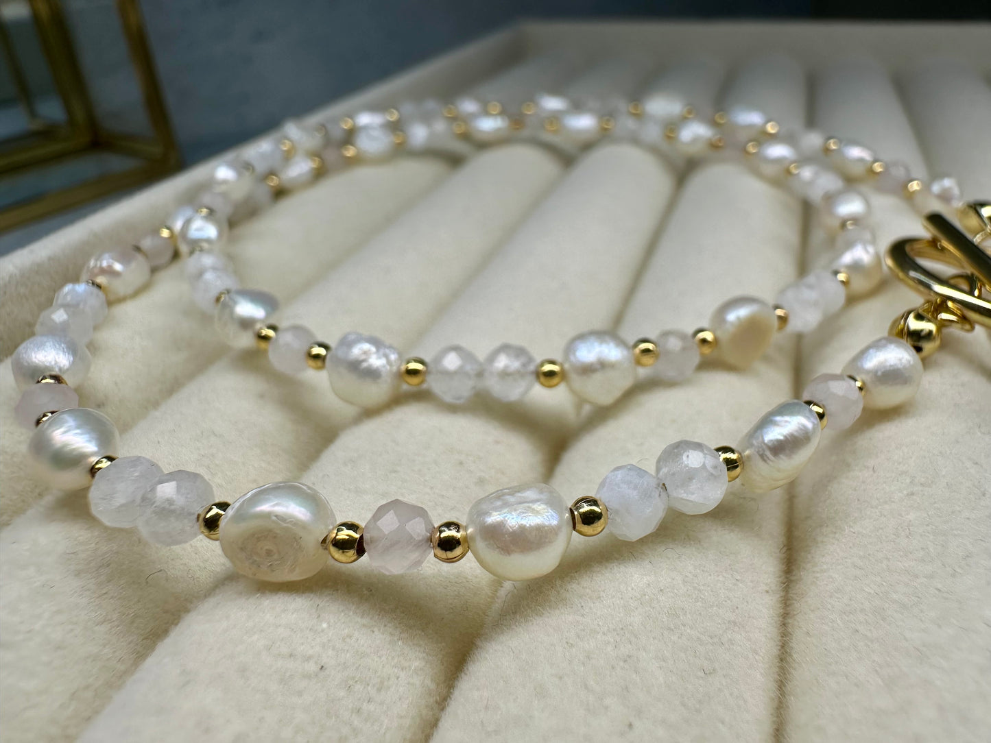 Freshwater Pearl• Moonstone • Rose Quartz Necklace • Baroque Pearl  Toggle Clasp