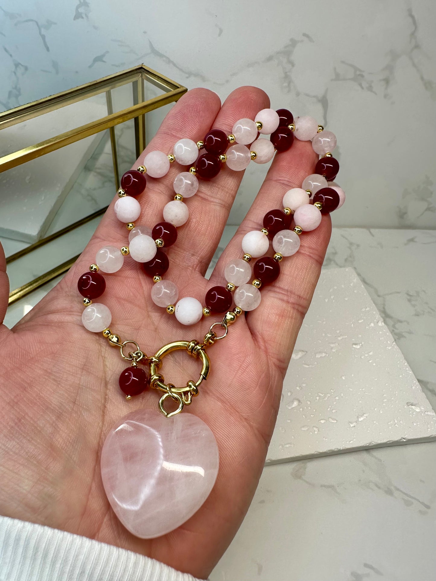 Rose Quartz Jasper and Red Chalcedony Necklace • 8mm