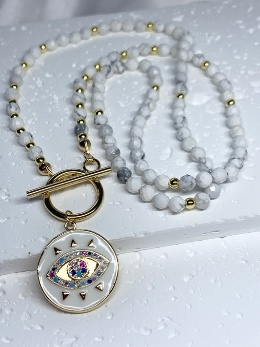 White Howlite Evil Eye Necklace – Gold Toggle Clasp | Handmade Protection Jewelry for Clarity & Energy Shielding