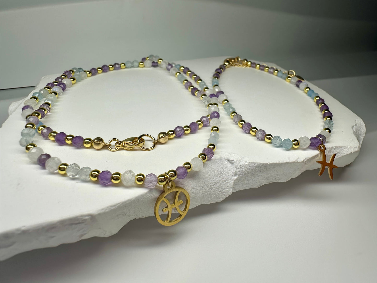 Pisces  Zodiac Bracelet,Handmade beaded Aquamarine ,Moonstone , Amethyst , Pisces Gift