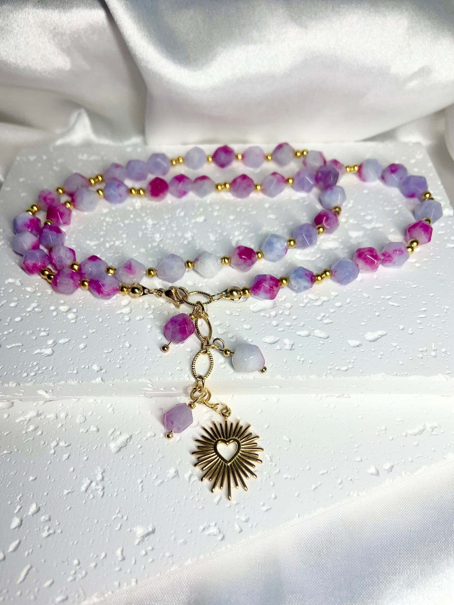 Pink Jade Necklace with Sunburst Heart Charm – Handmade Crystal Jewelry for Love, Joy & Emotional Healing