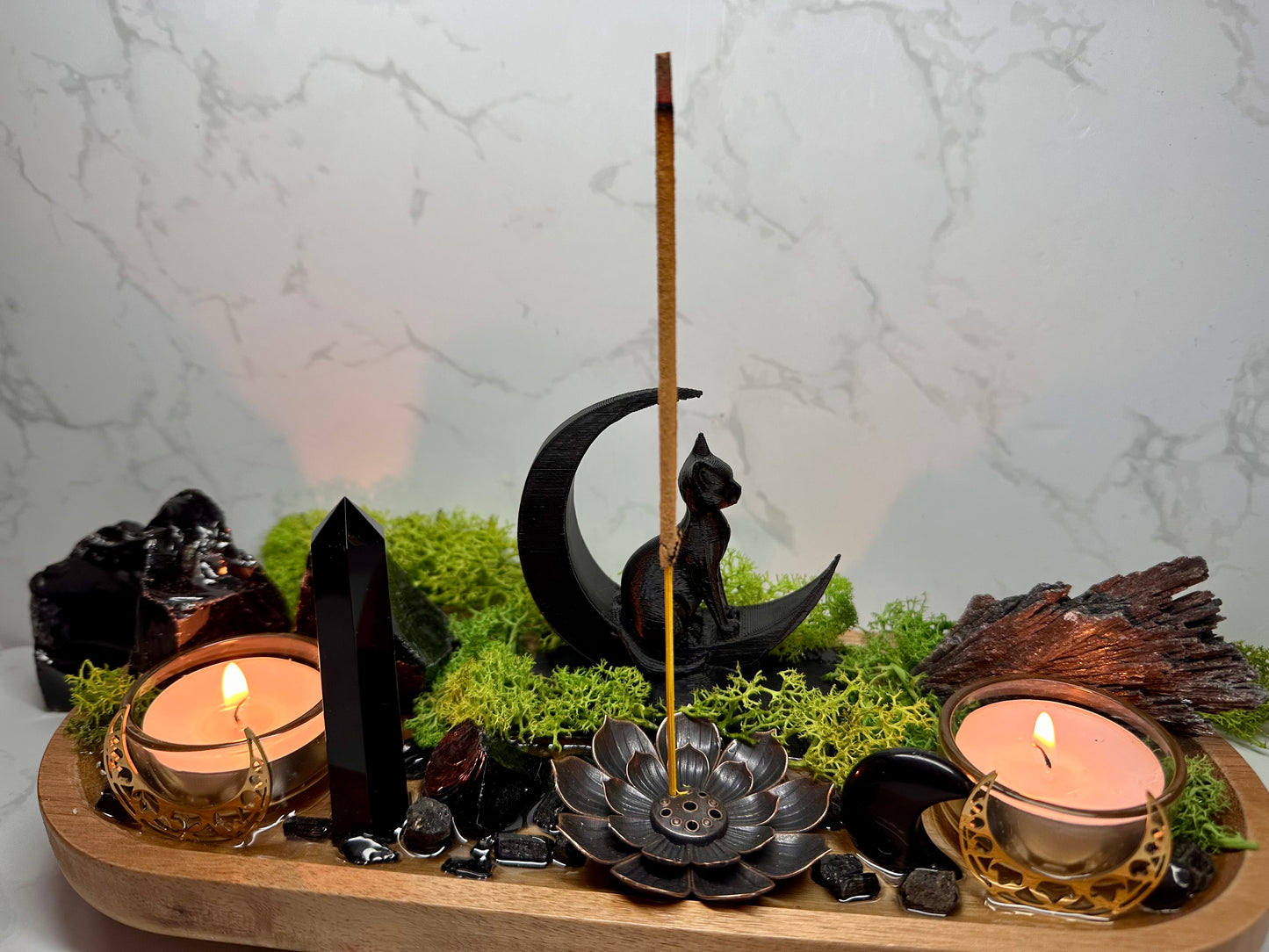 Black Tourmaline & Obsidian Moon Cat Altar | Incense Holder | Housewarming Gift |Witchcraft Decor | Protection Crystal Tray| Resin Altar