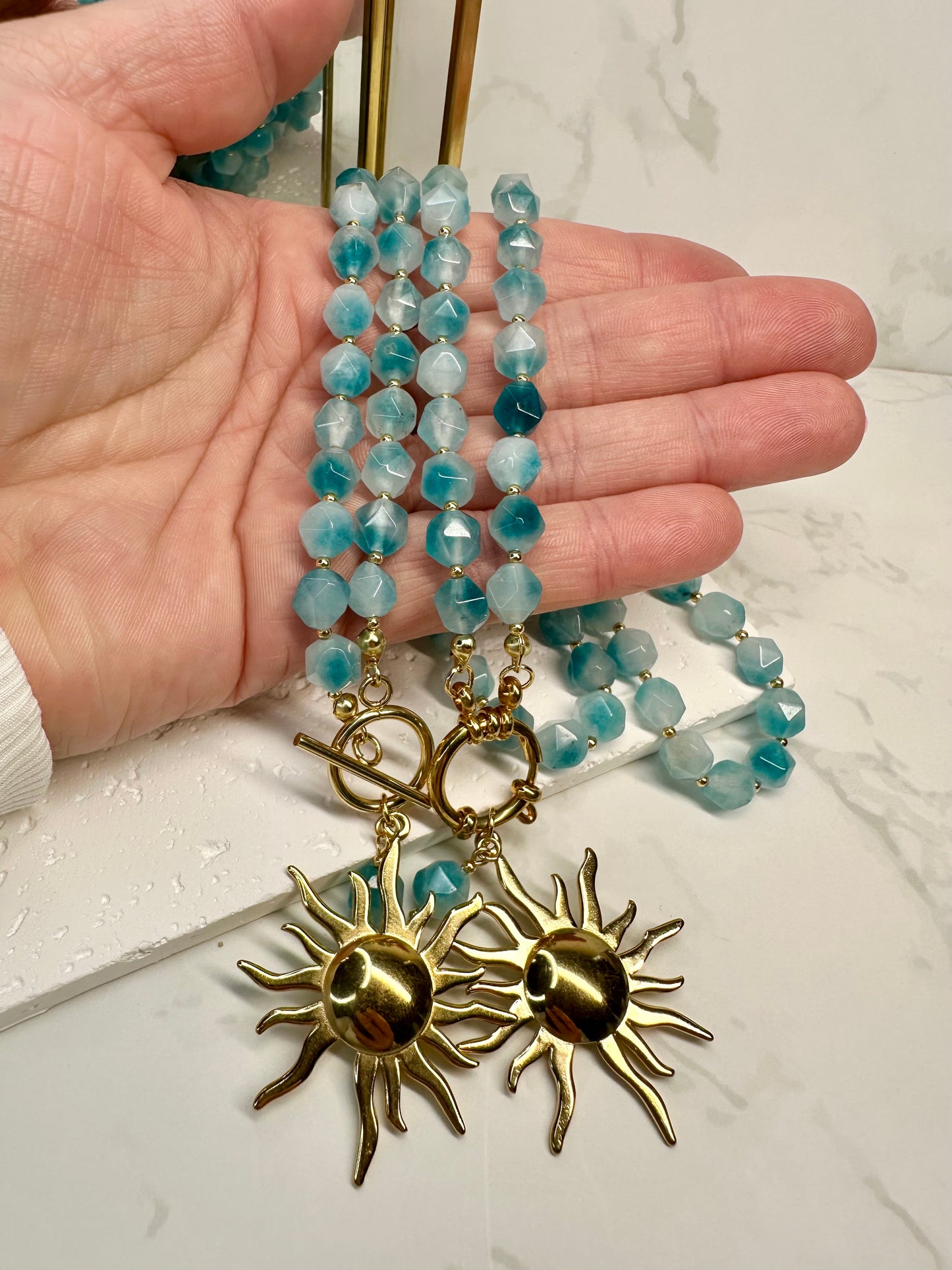 Handmade Beaded Aqua Jade Necklace with Sun Pendant