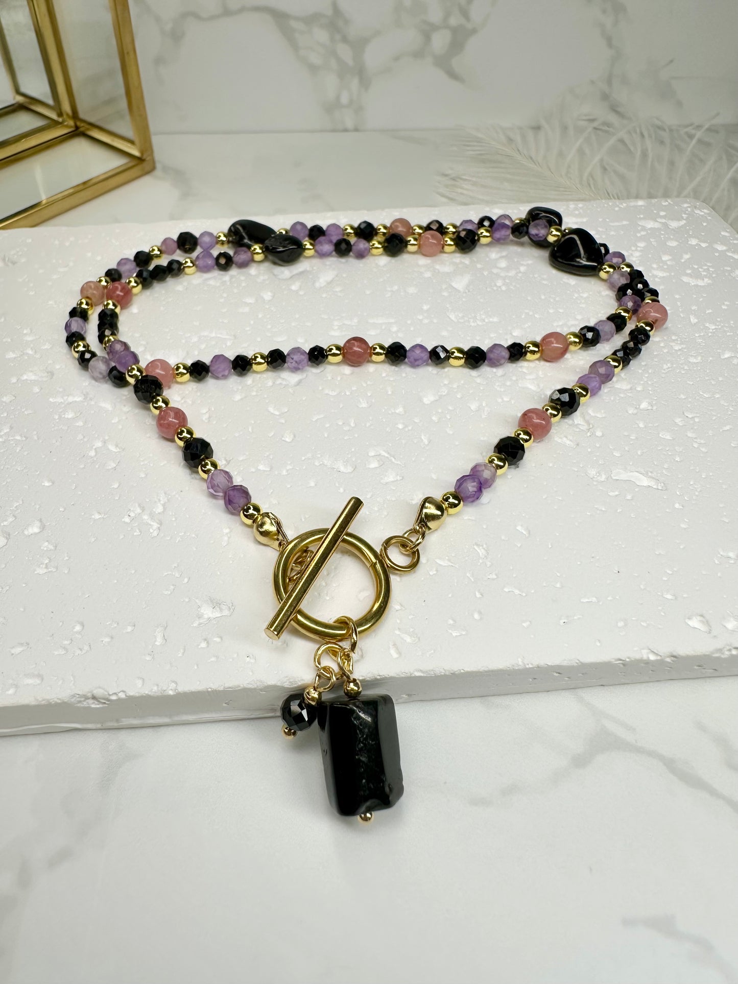 Black Tourmaline, Amethyst & Rhodonite Healing Necklace