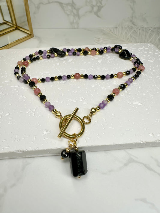Black Tourmaline, Amethyst & Rhodonite Healing Necklace