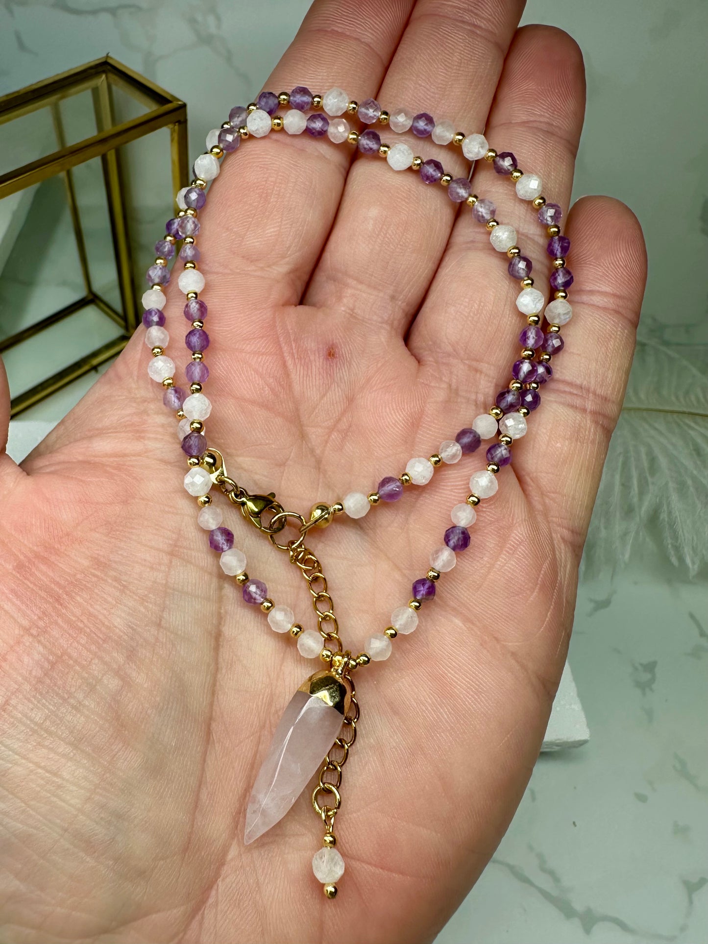 Moonstone, Amethyst & Rose Quartz Necklace, feminine energy