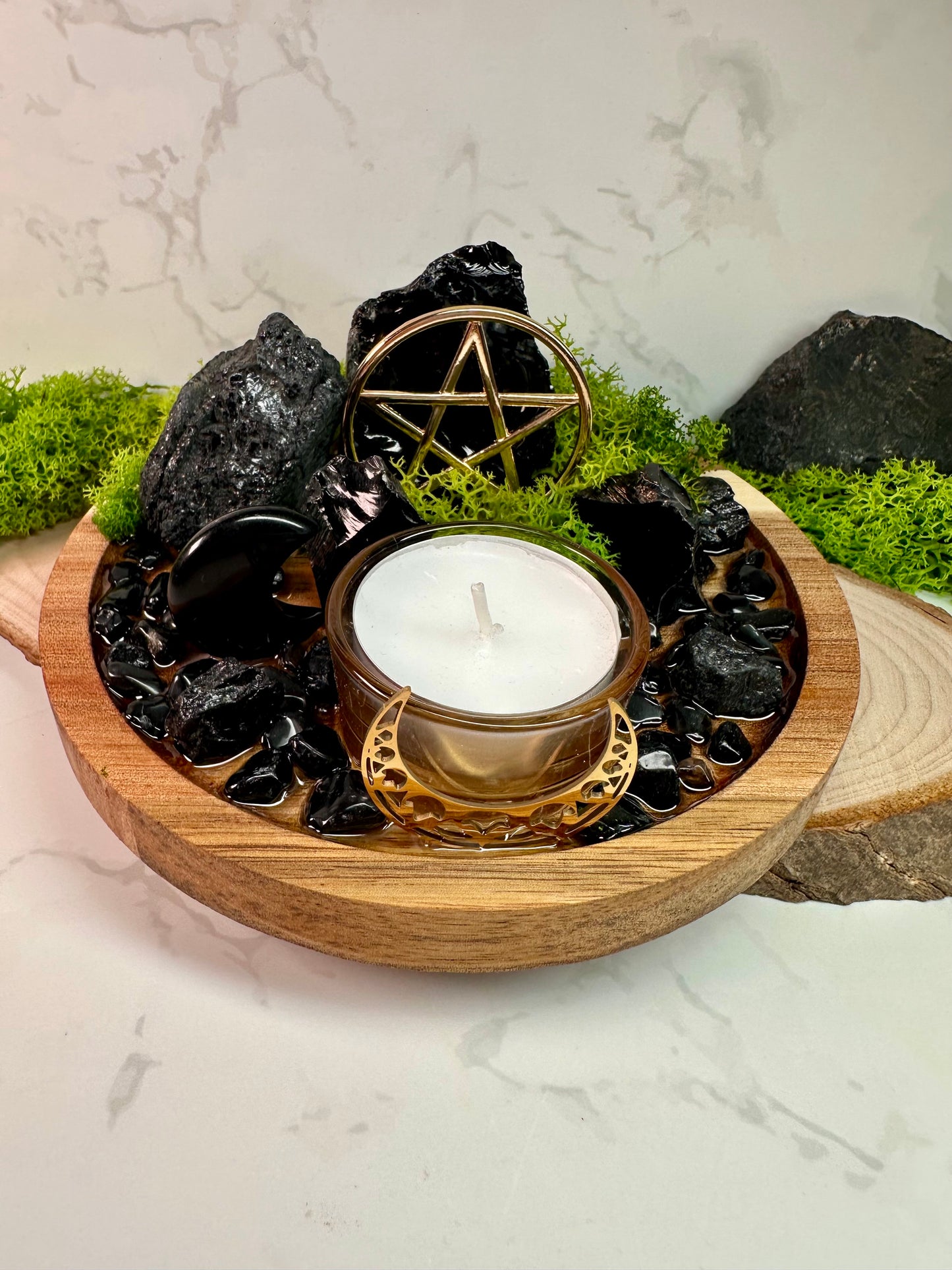 Protection Ritual Candle Holder – Black Tourmaline & Obsidian
