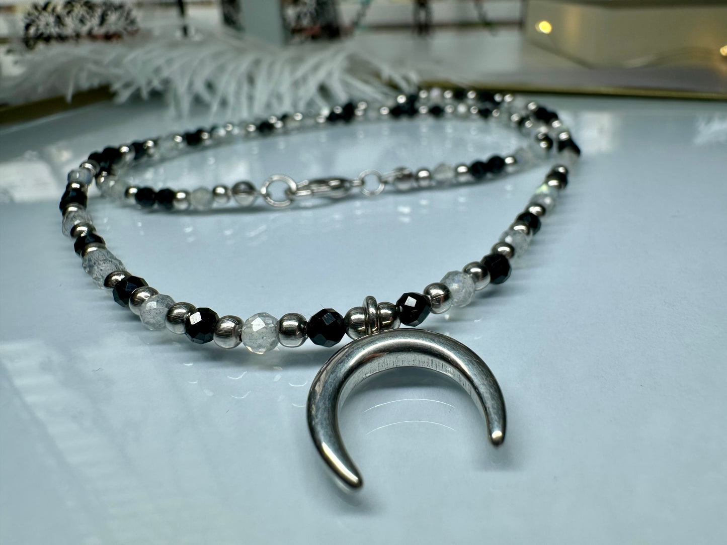 Grey Moonstone and Black Tourmaline Beaded Necklace –Protection, Intuition