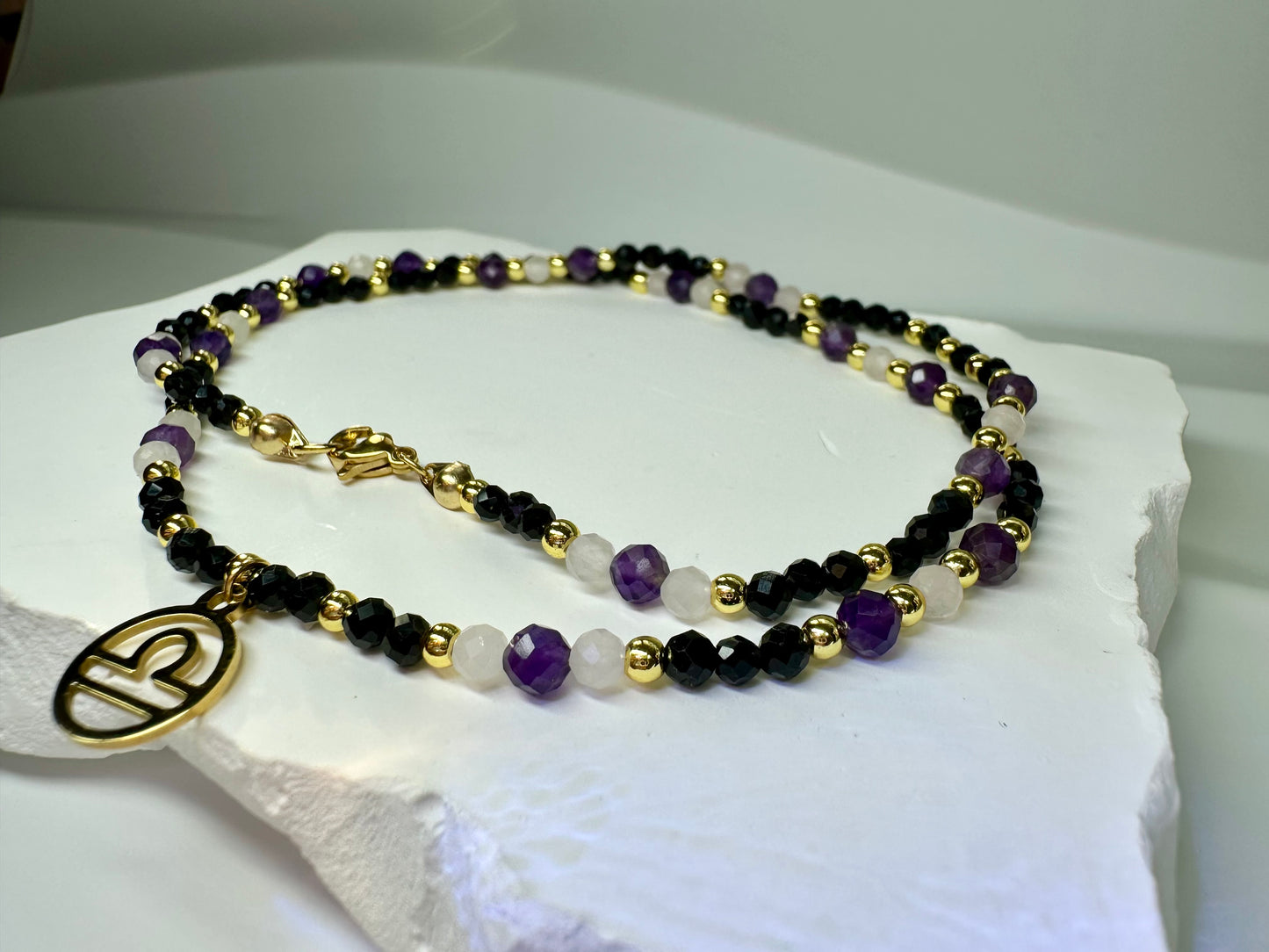 Libra Birthstone Necklace – Black Tourmaline, Rose Quartz & Amethyst | Handmade Zodiac Crystal Jewelry for Balance & Love